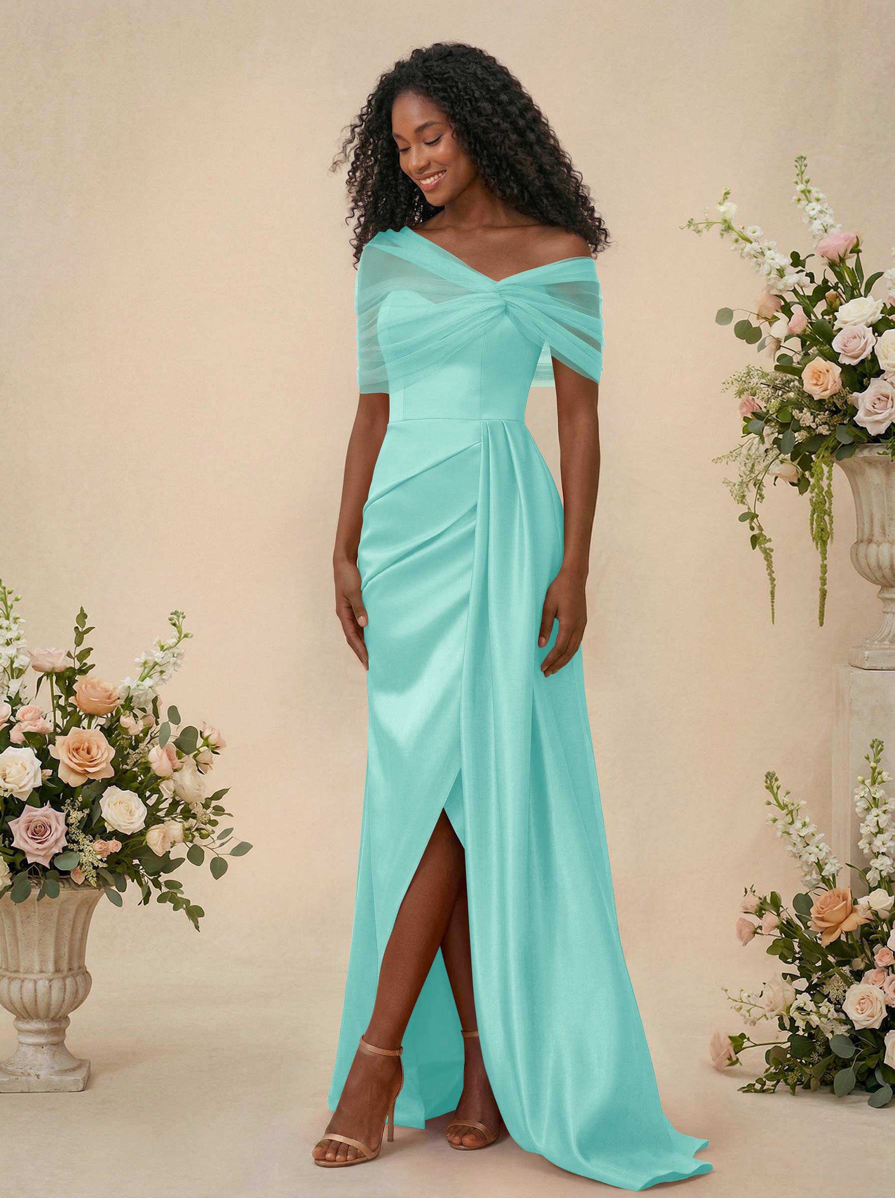 Trumpet/Mermaid Off-The-Shoulder Satin/Tulle Bridesmaid Dresses With Split Front, product image 181