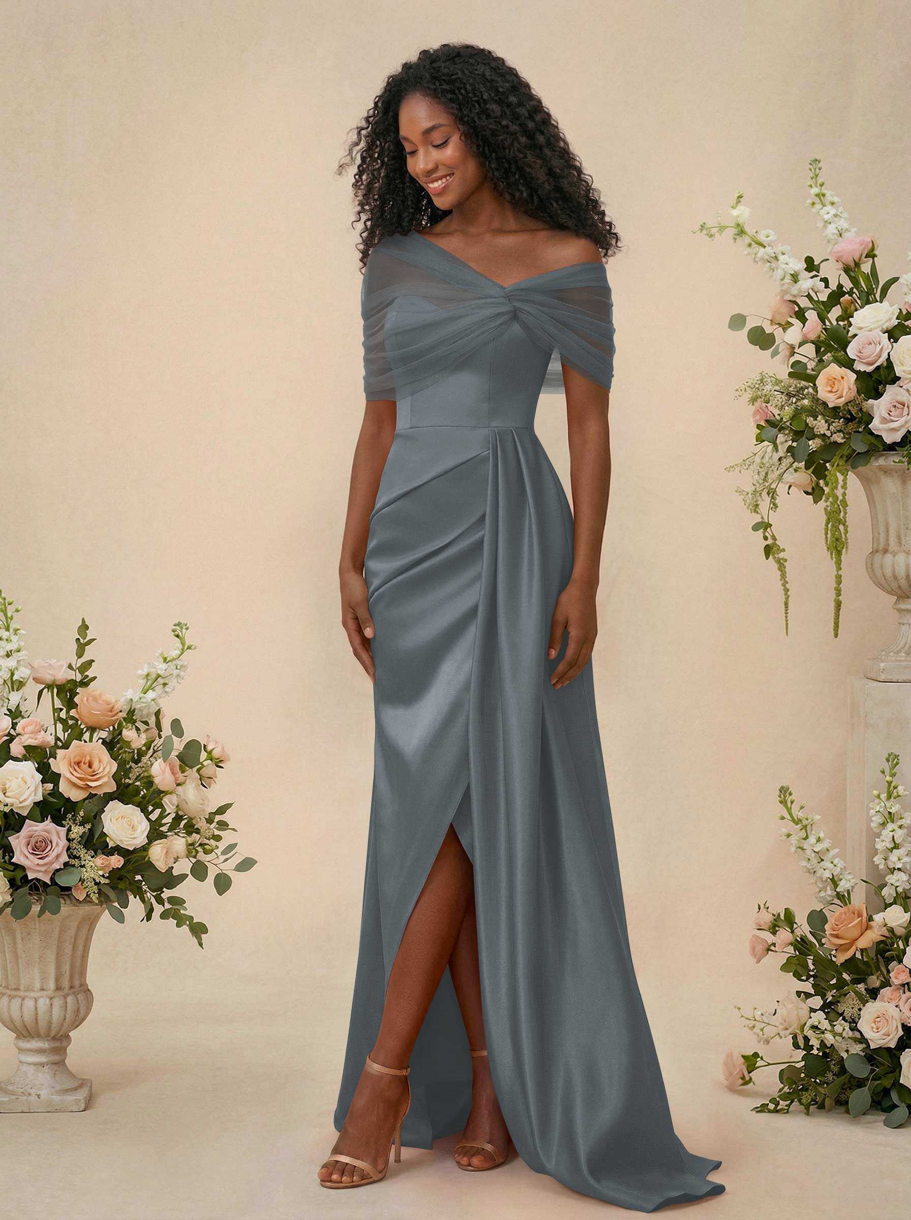 Trumpet/Mermaid Off-The-Shoulder Satin/Tulle Bridesmaid Dresses With Split Front, product image 221