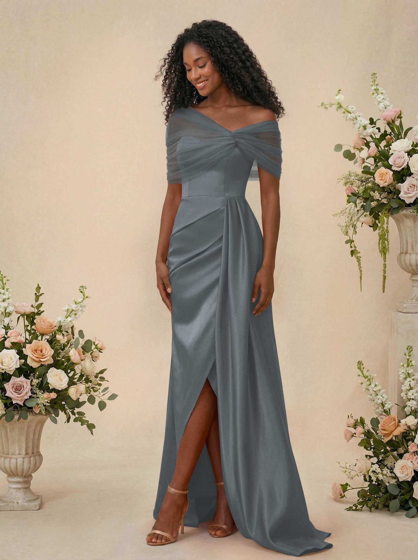 Trumpet/Mermaid Off-The-Shoulder Satin/Tulle Bridesmaid Dresses With Split Front, product image 221