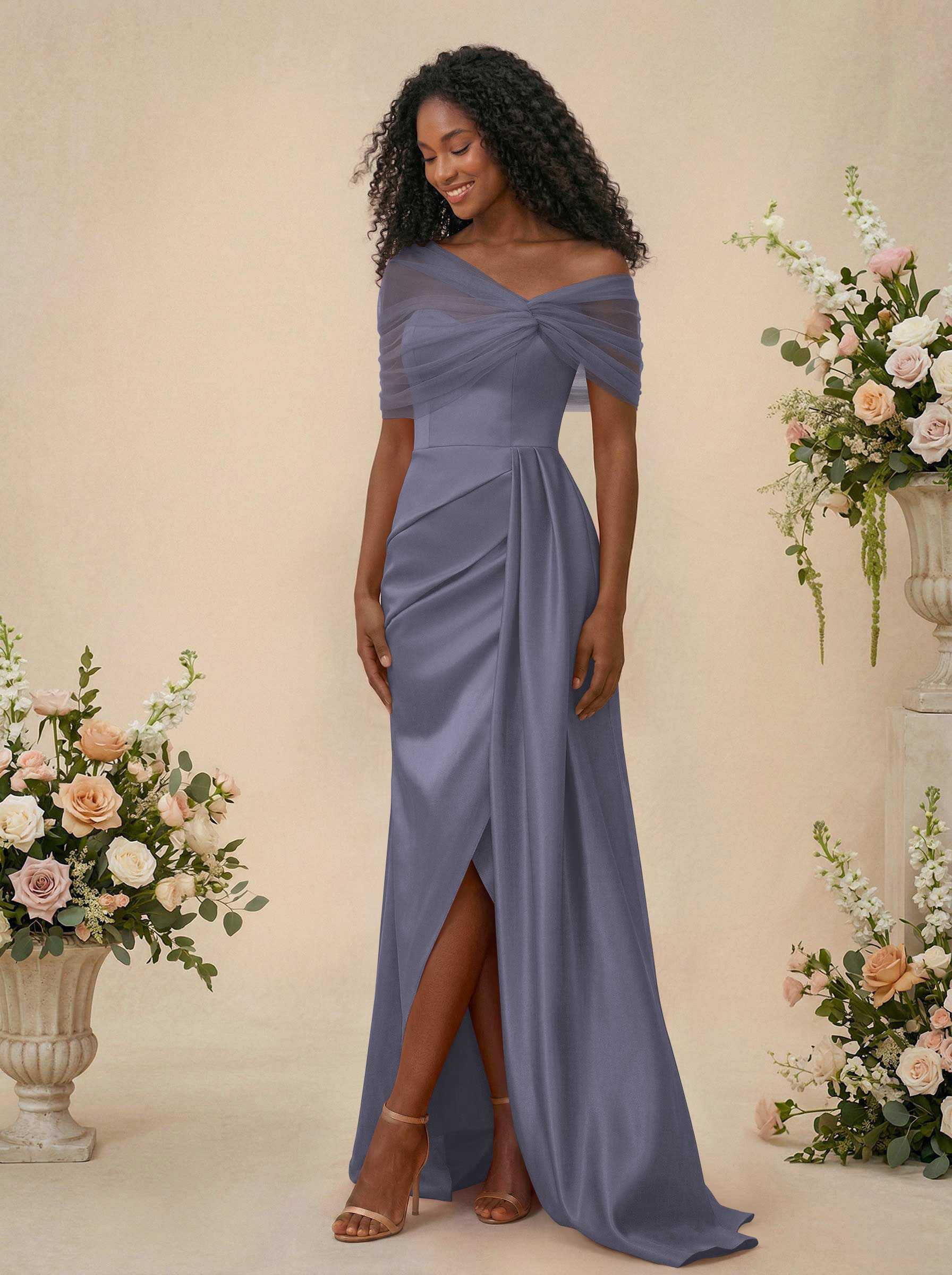 Trumpet/Mermaid Off-The-Shoulder Satin/Tulle Bridesmaid Dresses With Split Front, product image 21