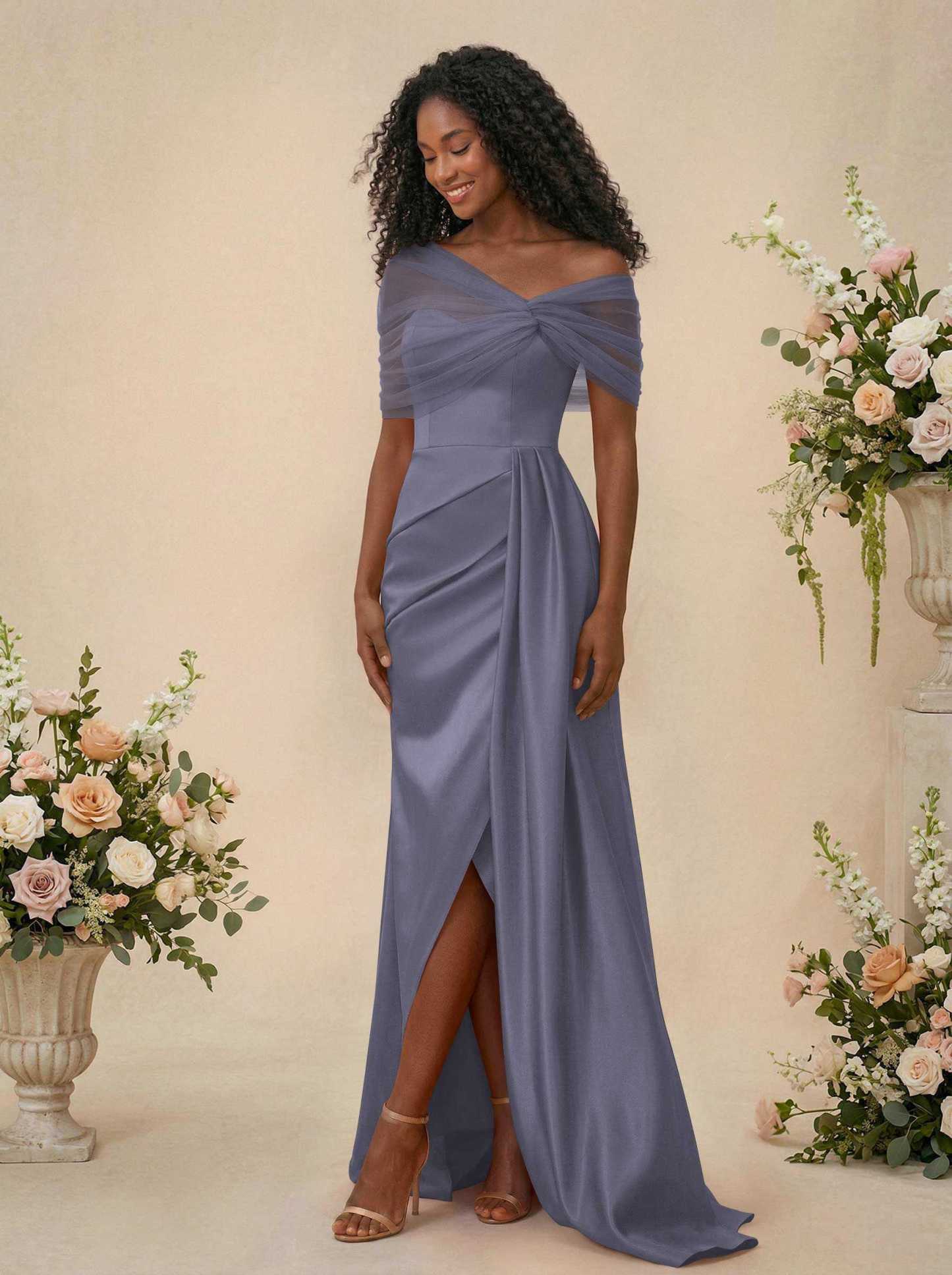 Trumpet/Mermaid Off-The-Shoulder Satin/Tulle Bridesmaid Dresses With Split Front, product image 21