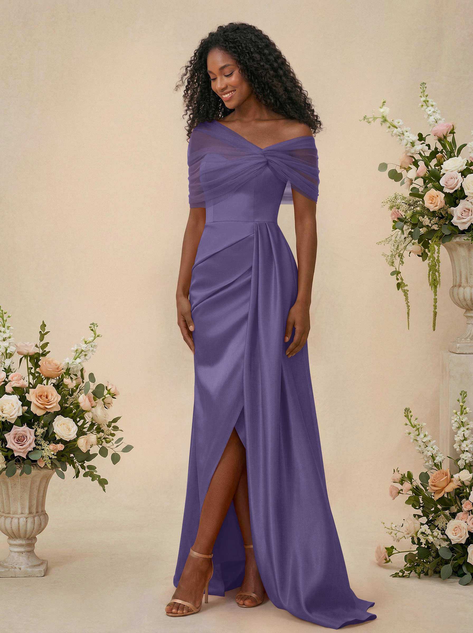 Trumpet/Mermaid Off-The-Shoulder Satin/Tulle Bridesmaid Dresses With Split Front, product image 133
