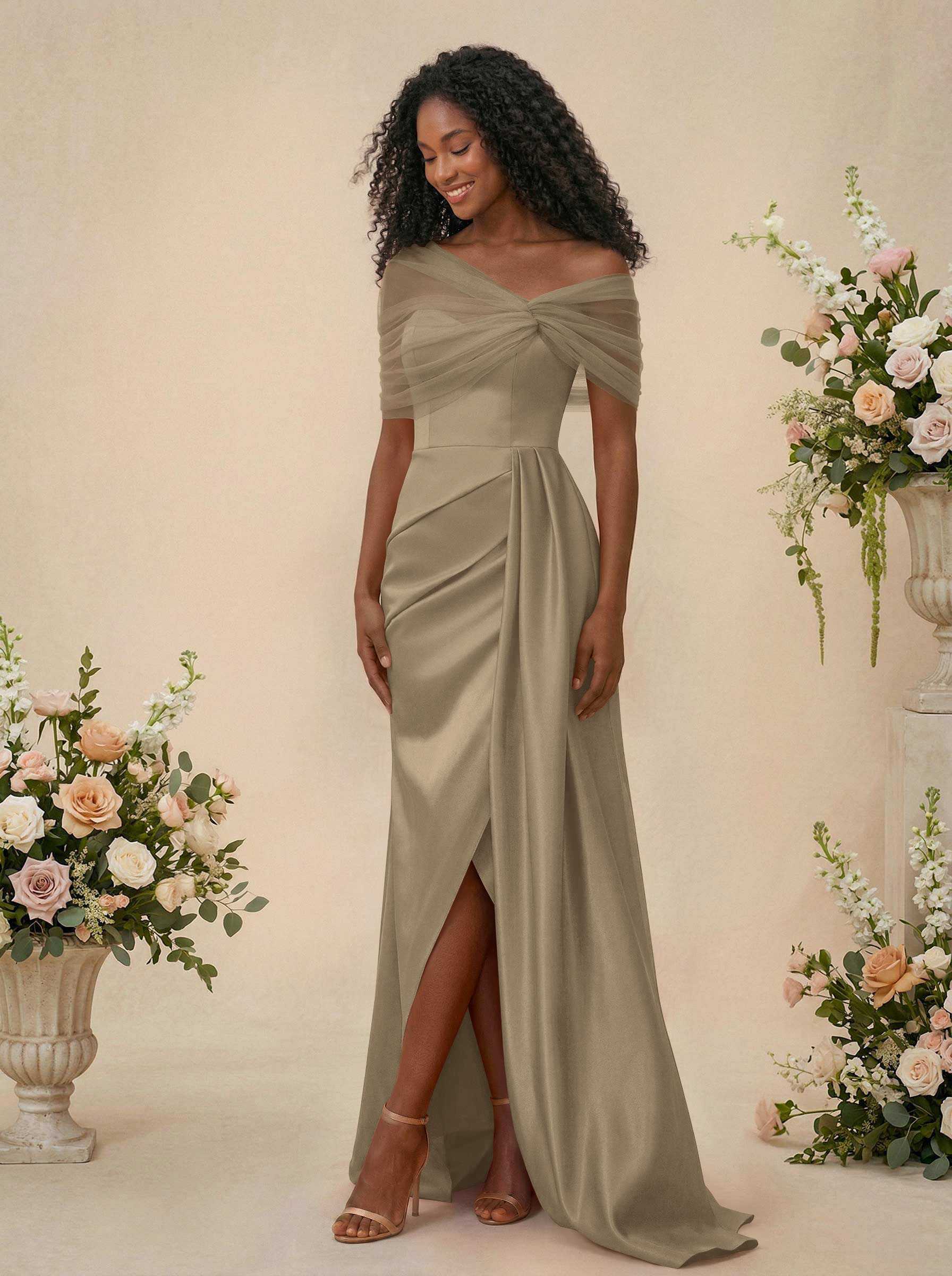 Trumpet/Mermaid Off-The-Shoulder Satin/Tulle Bridesmaid Dresses With Split Front, product image 189