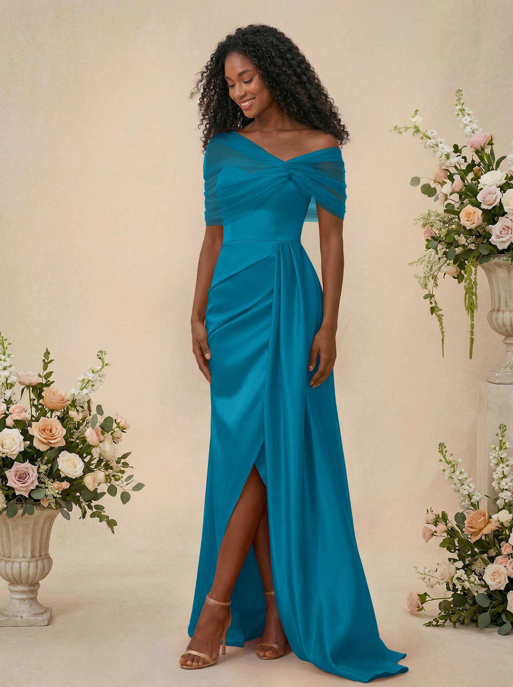 Trumpet/Mermaid Off-The-Shoulder Satin/Tulle Bridesmaid Dresses With Split Front, product image 269