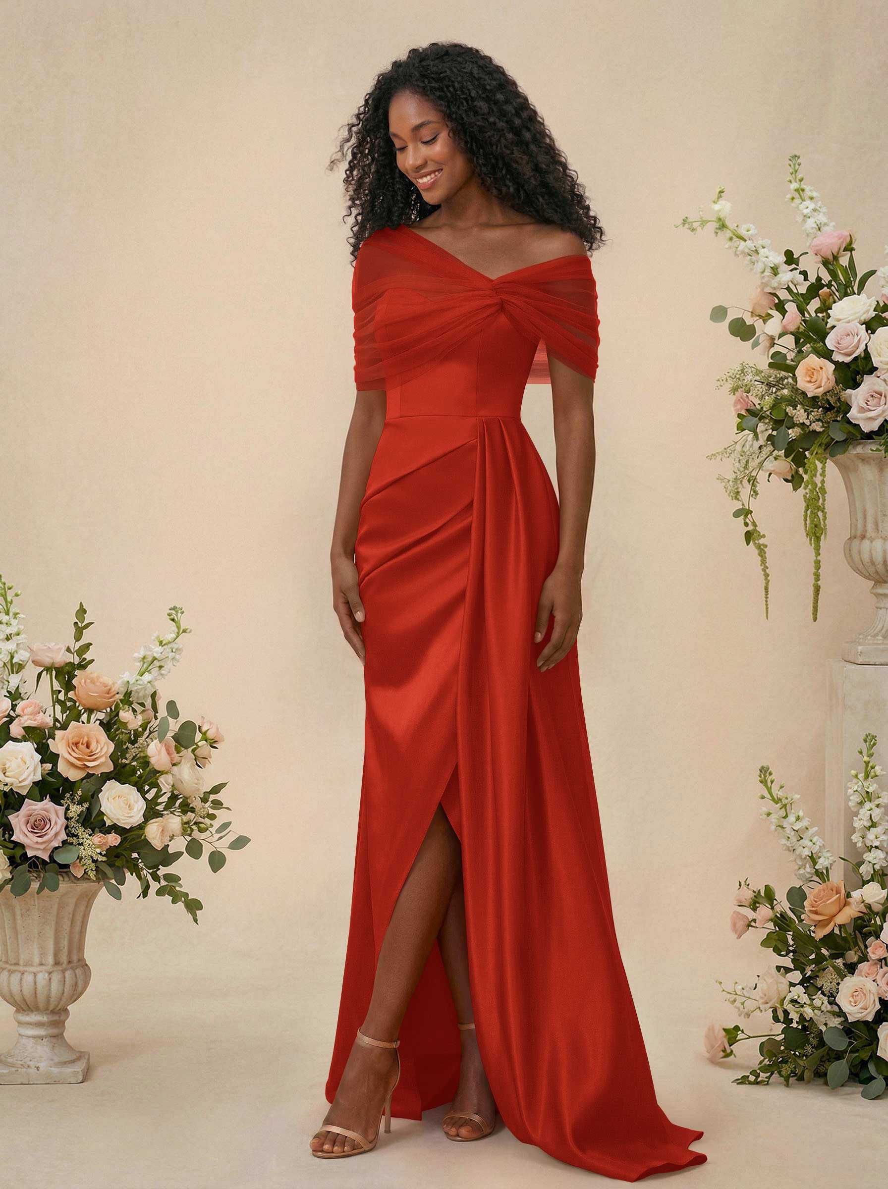 Trumpet/Mermaid Off-The-Shoulder Satin/Tulle Bridesmaid Dresses With Split Front, product image 73