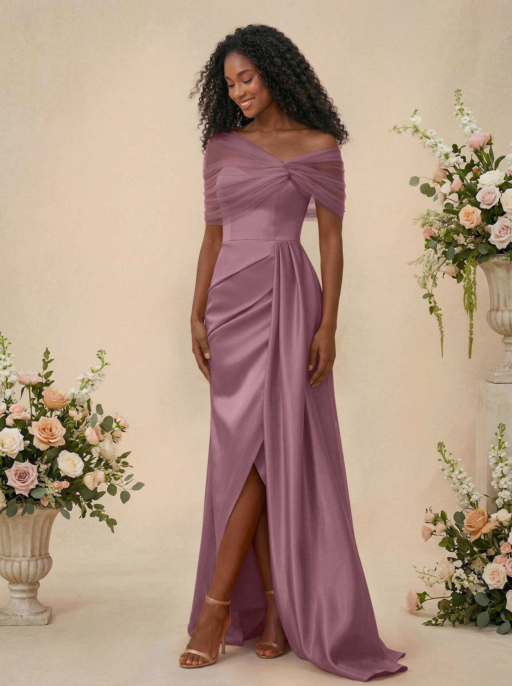 Trumpet/Mermaid Off-The-Shoulder Satin/Tulle Bridesmaid Dresses With Split Front, product image 117