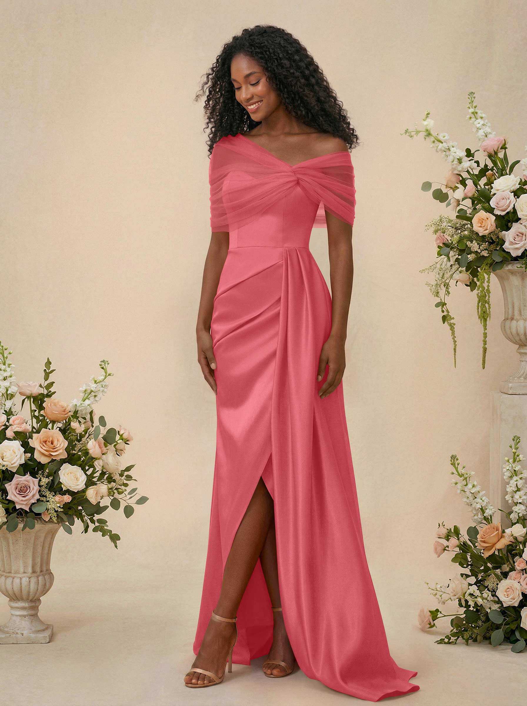 Trumpet/Mermaid Off-The-Shoulder Satin/Tulle Bridesmaid Dresses With Split Front, product image 77