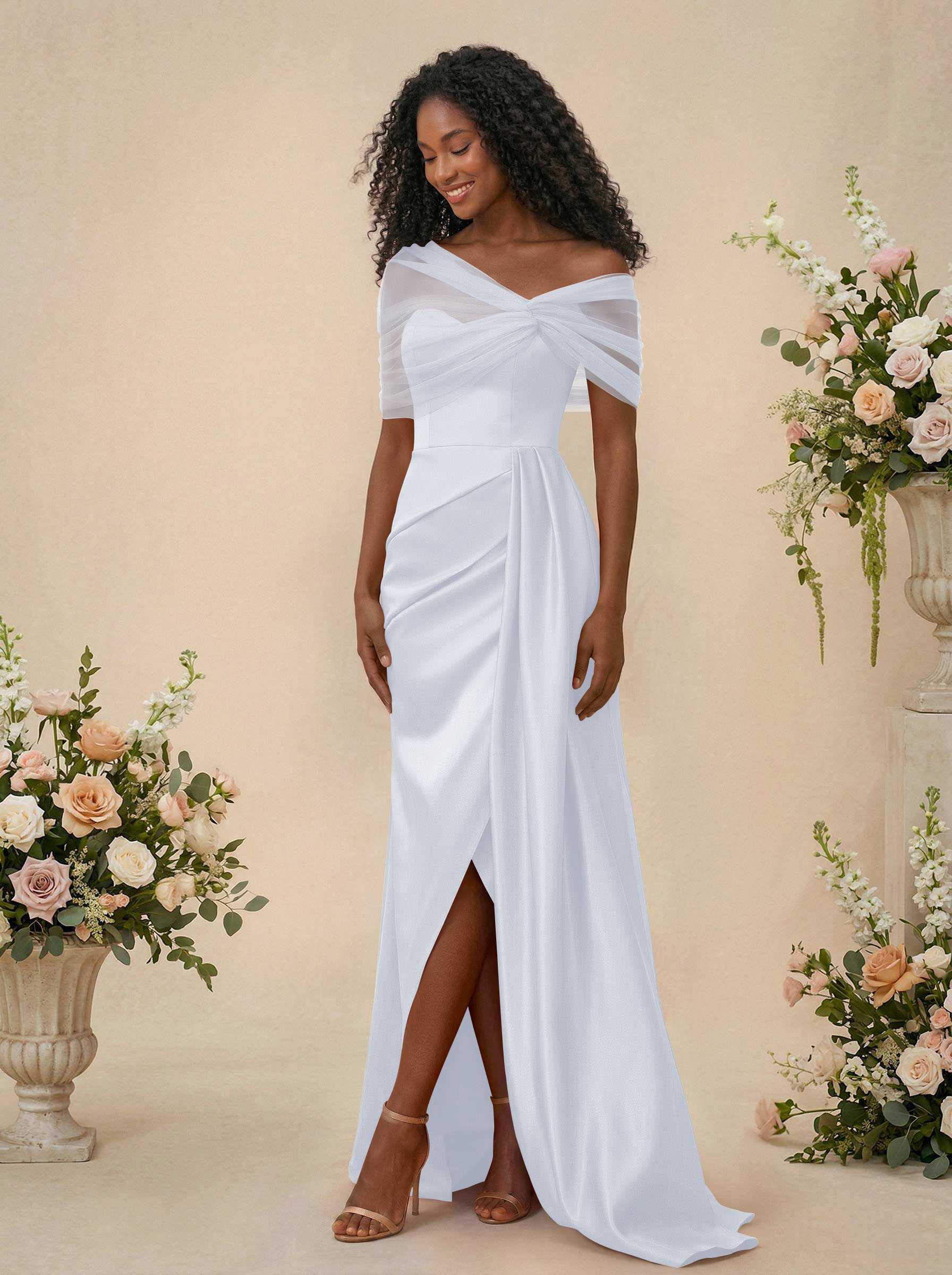 Trumpet/Mermaid Off-The-Shoulder Satin/Tulle Bridesmaid Dresses With Split Front, product image 213