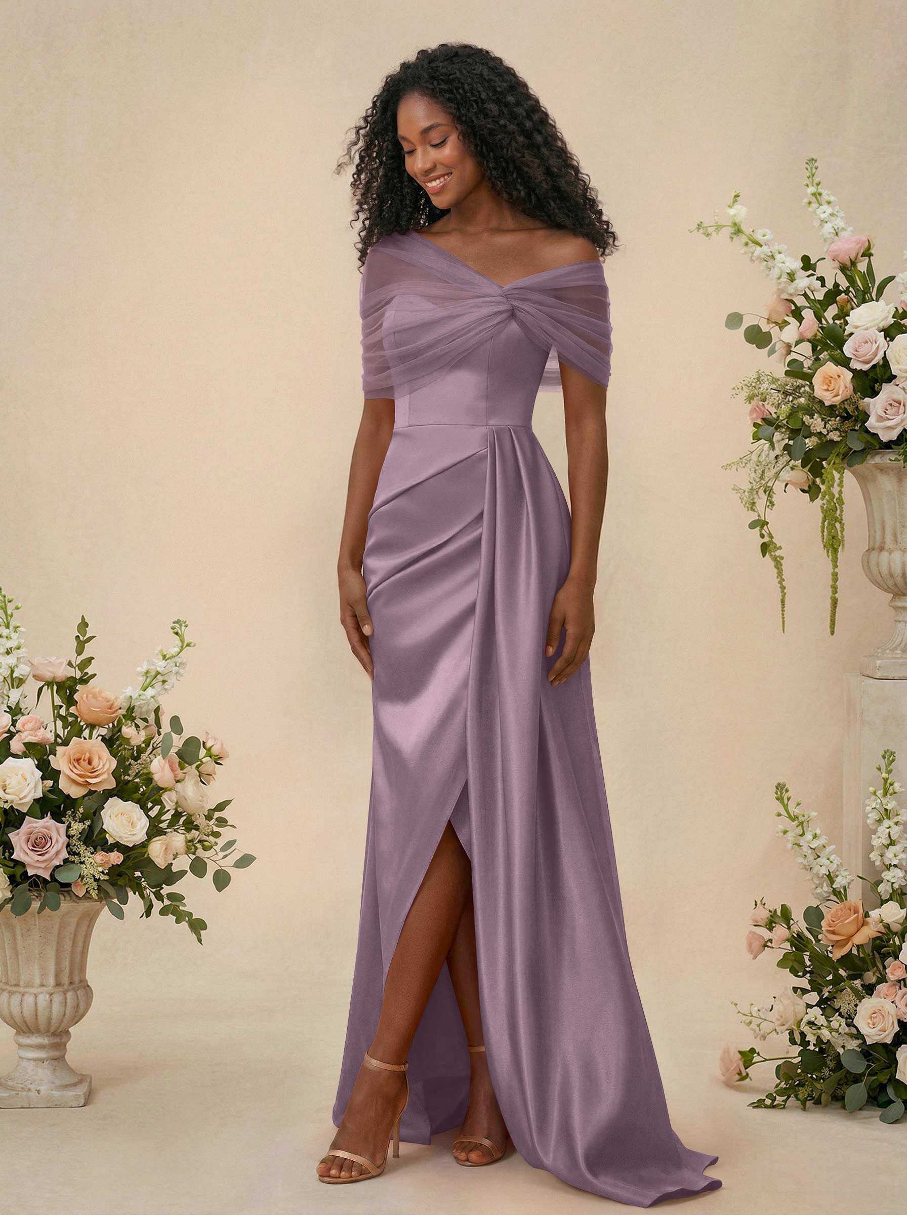 Trumpet/Mermaid Off-The-Shoulder Satin/Tulle Bridesmaid Dresses With Split Front, product image 113