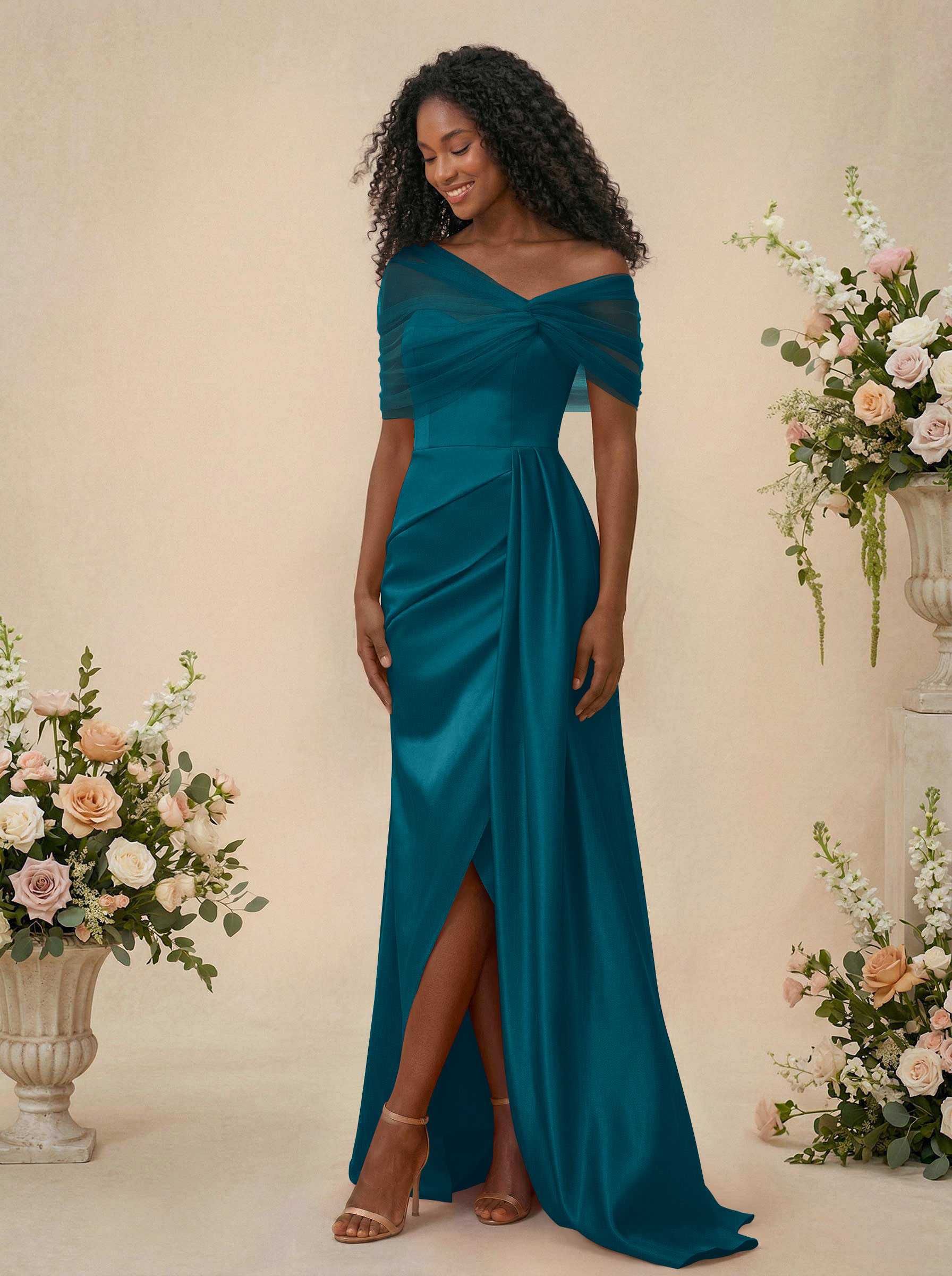 Trumpet/Mermaid Off-The-Shoulder Satin/Tulle Bridesmaid Dresses With Split Front, product image 25