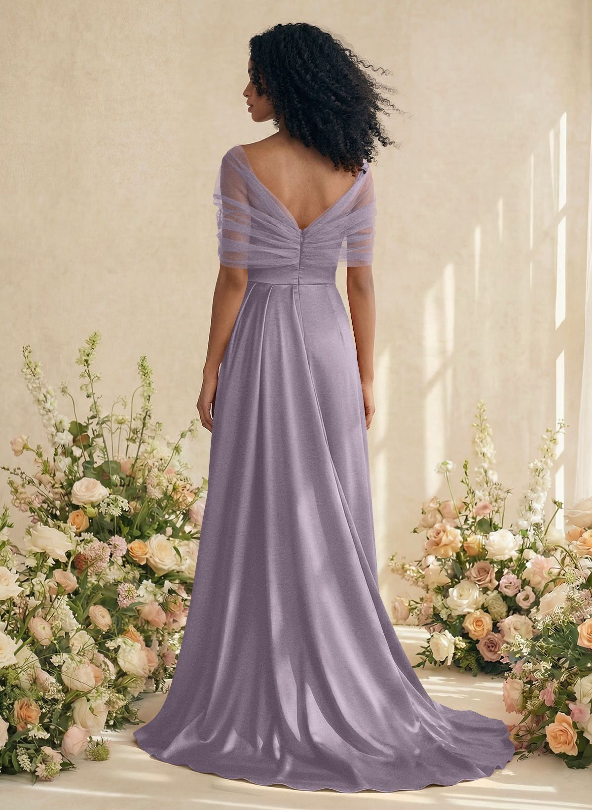 Trumpet/Mermaid Off-The-Shoulder Satin/Tulle Bridesmaid Dresses With Split Front, product image 111