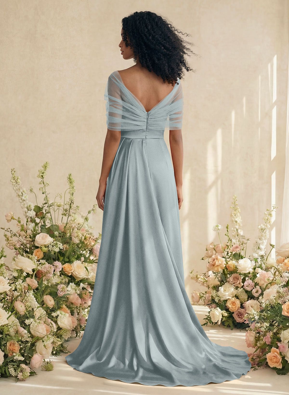 Trumpet/Mermaid Off-The-Shoulder Satin/Tulle Bridesmaid Dresses With Split Front, product image 15