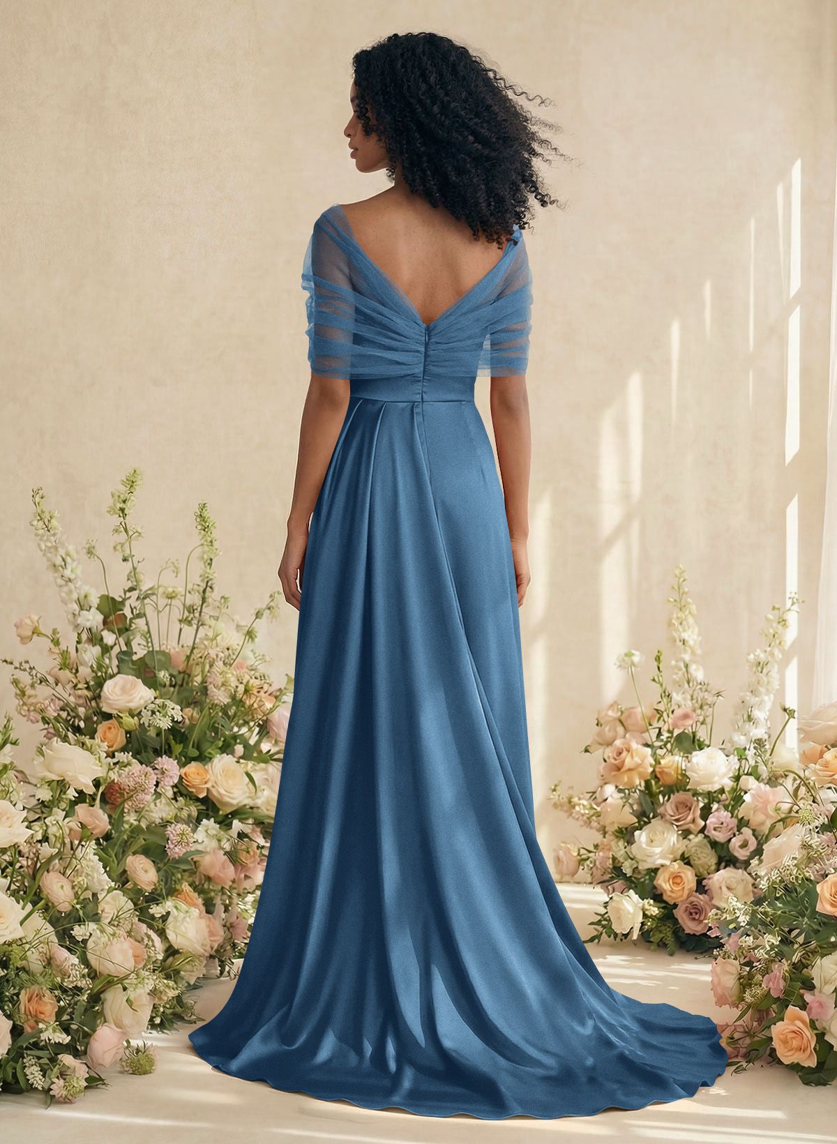 Trumpet/Mermaid Off-The-Shoulder Satin/Tulle Bridesmaid Dresses With Split Front, product image 19