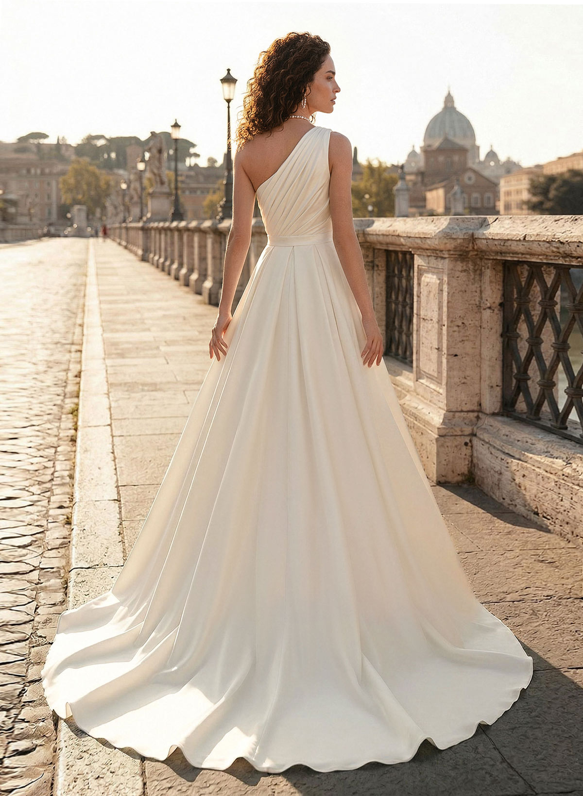 Jumpsuit/Pantsuit One-Shoulder Sleeveless Detachable Crepe Satin Wedding Dresses With Pleated, image 2