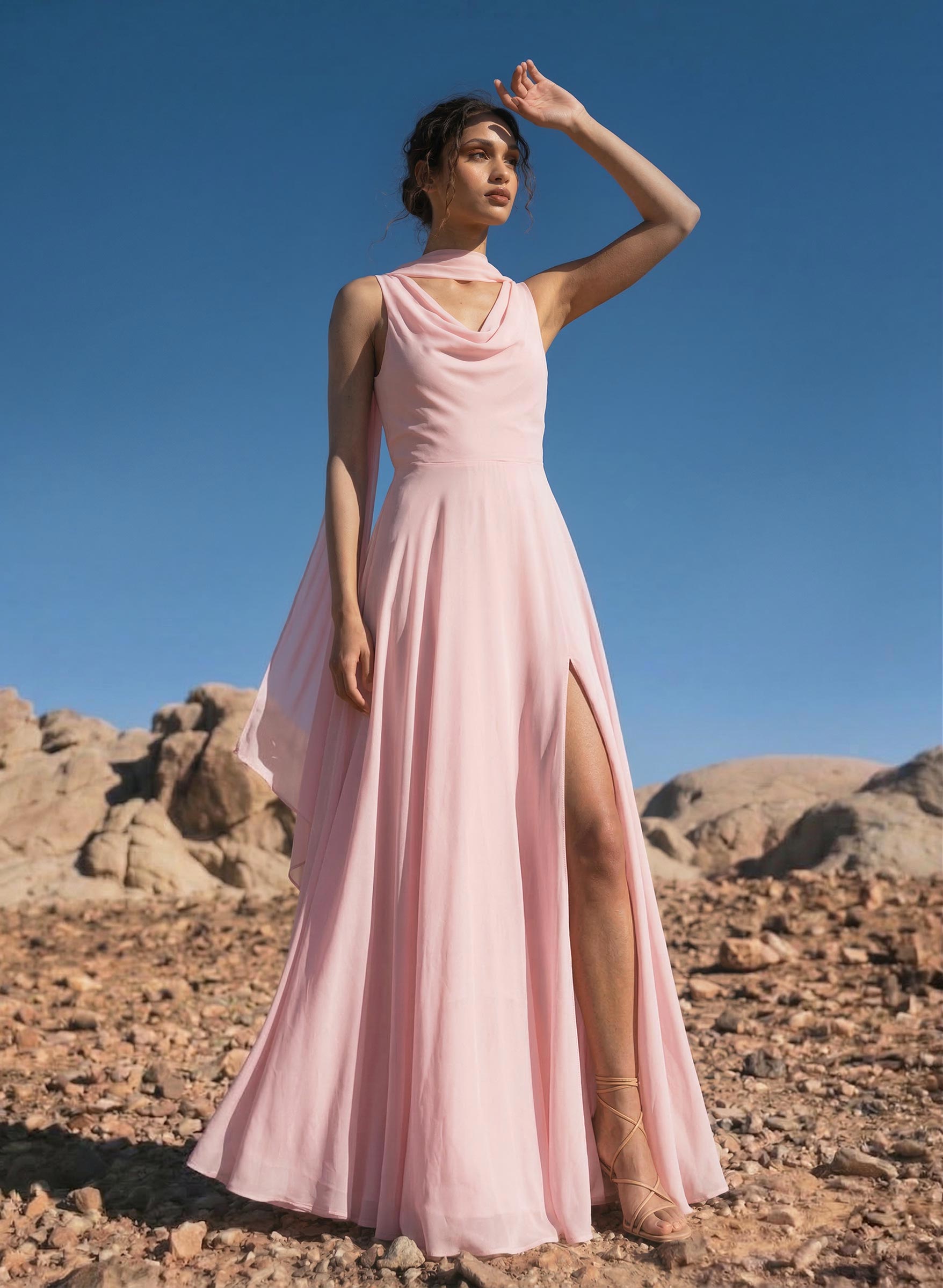 A-Line Cowl Neck Sleeveless Floor-Length Chiffon Bridesmaid Dresses With High Split, image 1