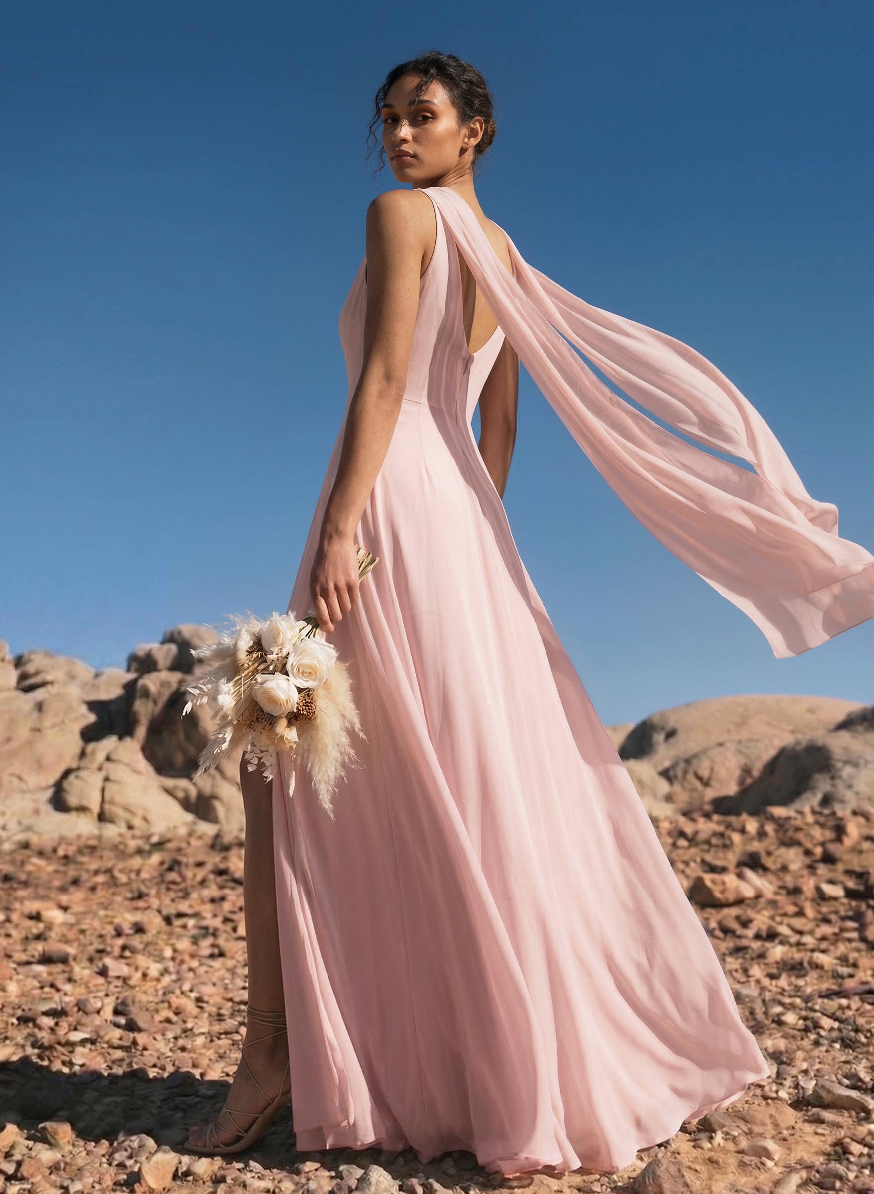 A-Line Cowl Neck Sleeveless Floor-Length Chiffon Bridesmaid Dresses With High Split, image 2