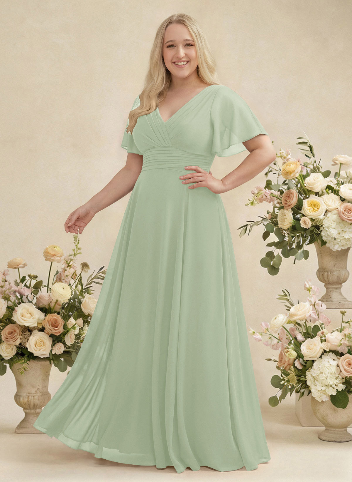 V-Neck Chiffon Bridesmaid Dresses With Short Sleeves, product image 359