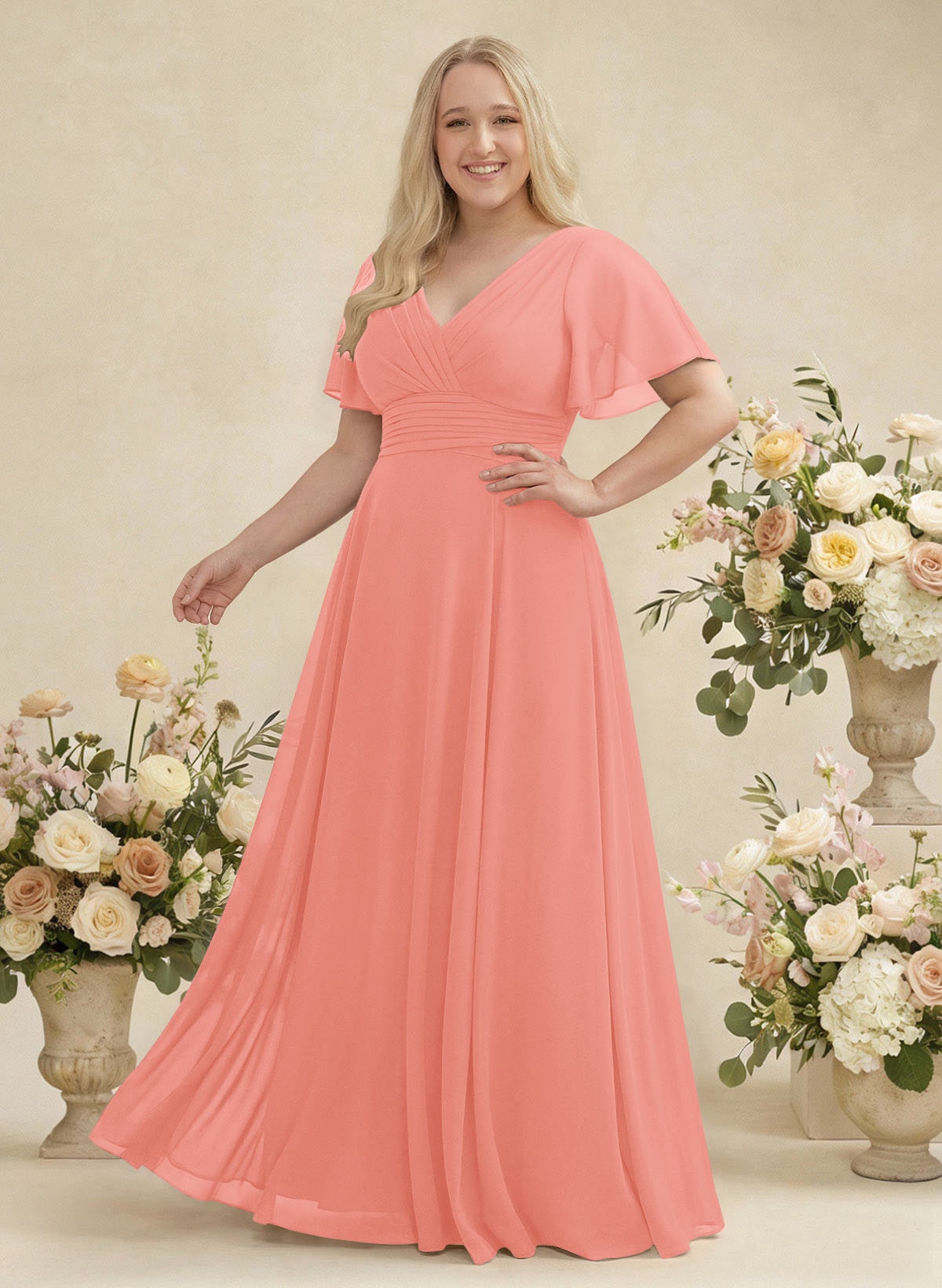 V-Neck Chiffon Bridesmaid Dresses With Short Sleeves, product image 319
