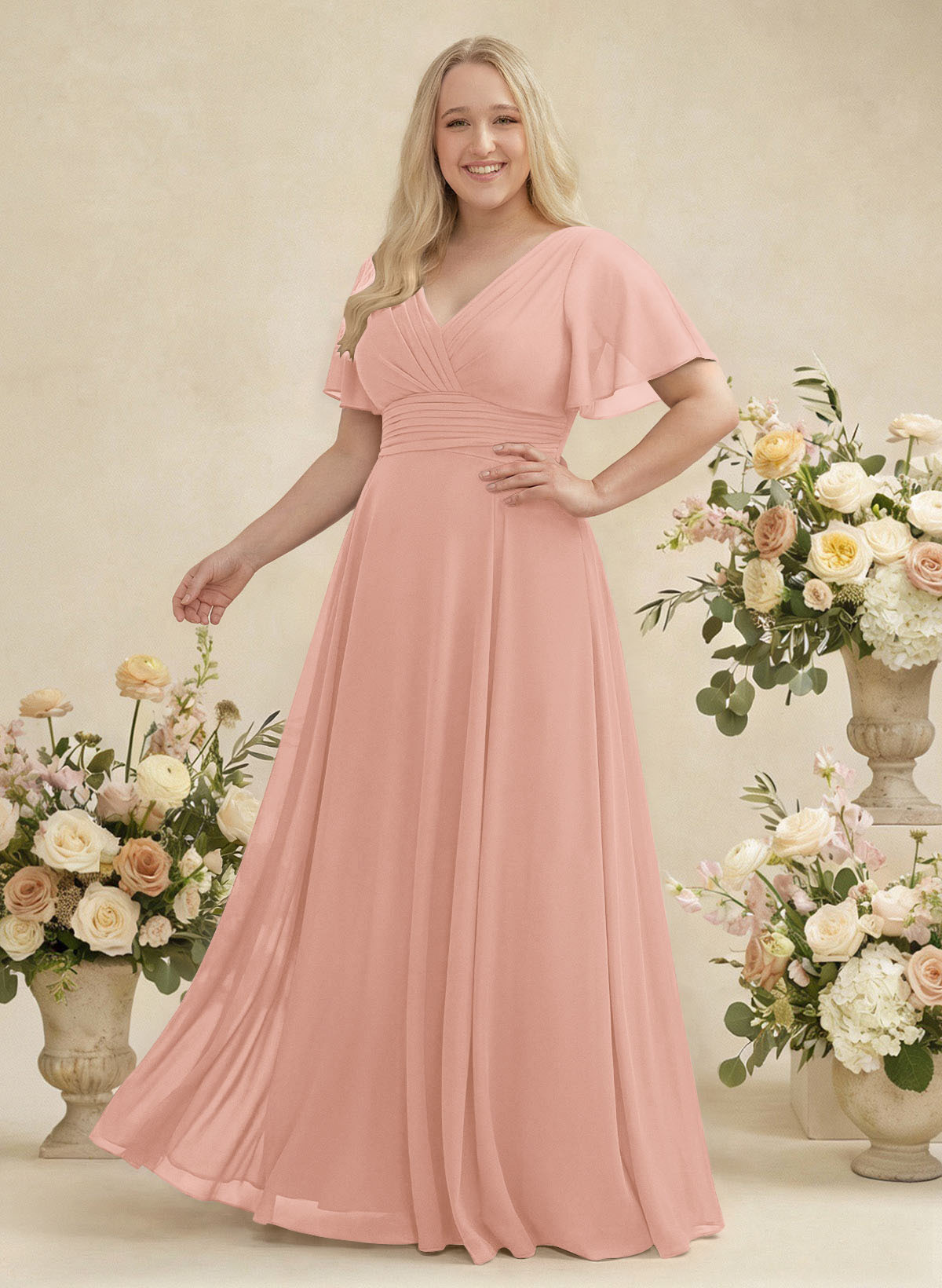 V-Neck Chiffon Bridesmaid Dresses With Short Sleeves, product image 311