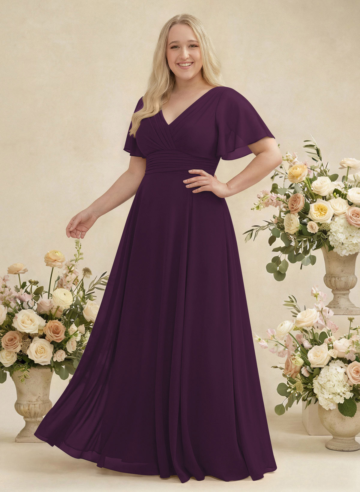 V-Neck Chiffon Bridesmaid Dresses With Short Sleeves, product image 341