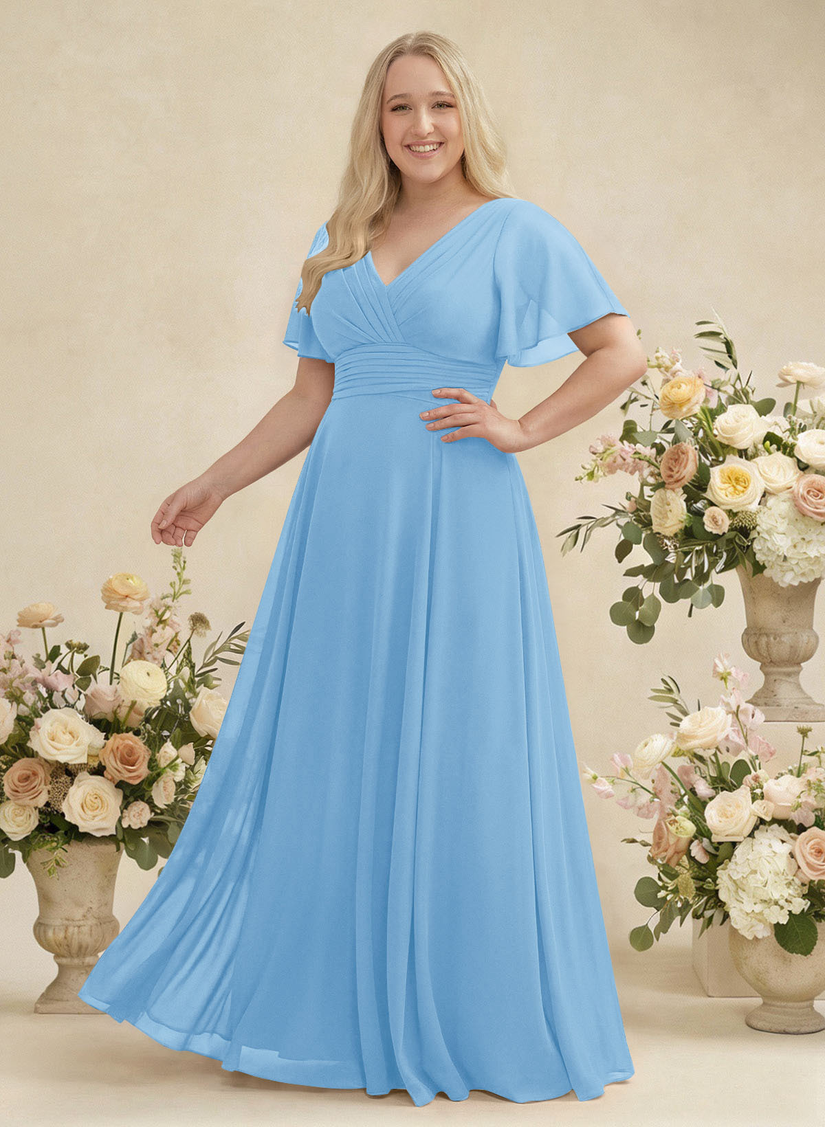 V-Neck Chiffon Bridesmaid Dresses With Short Sleeves, product image 291