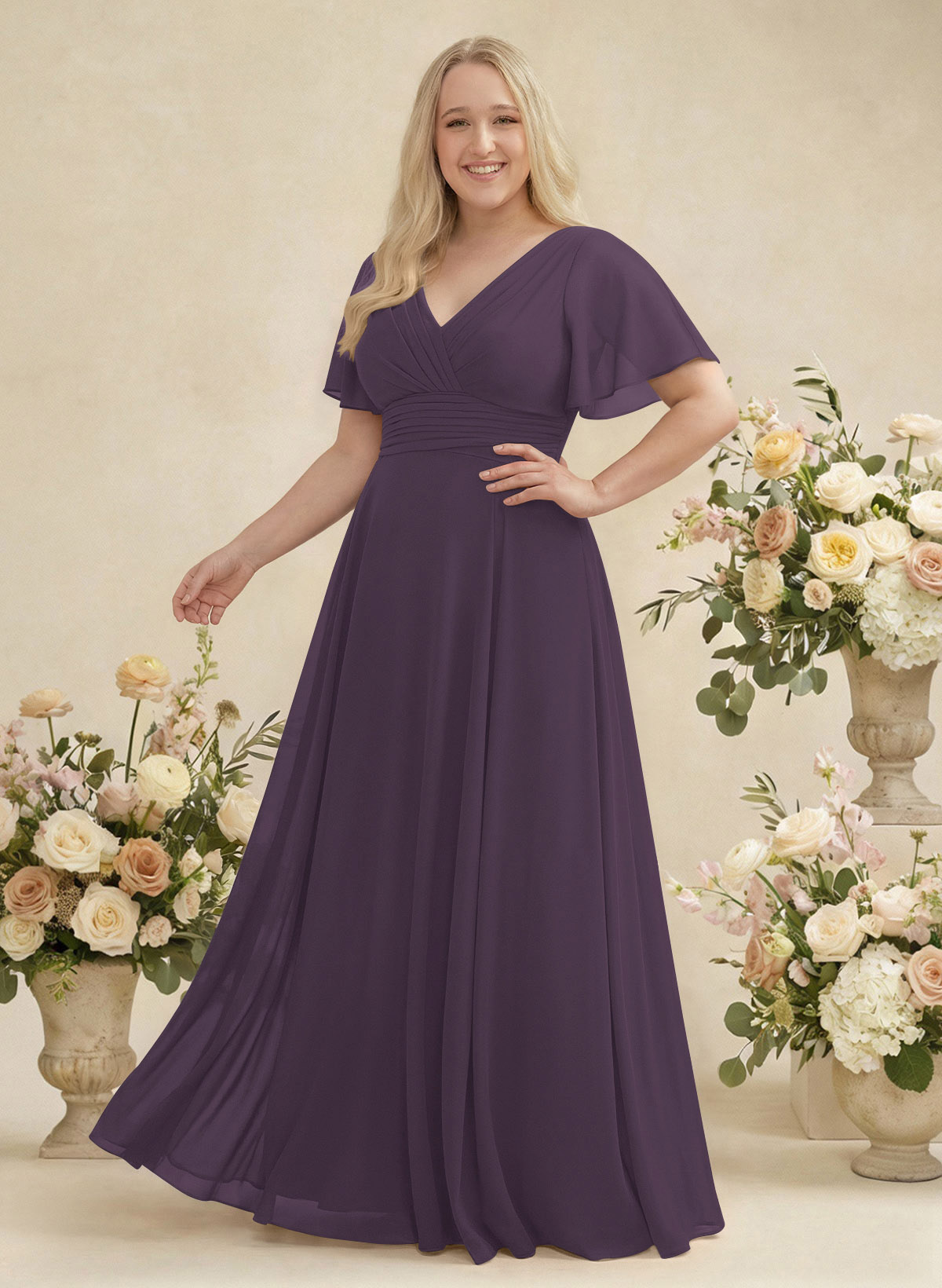 V-Neck Chiffon Bridesmaid Dresses With Short Sleeves, product image 339
