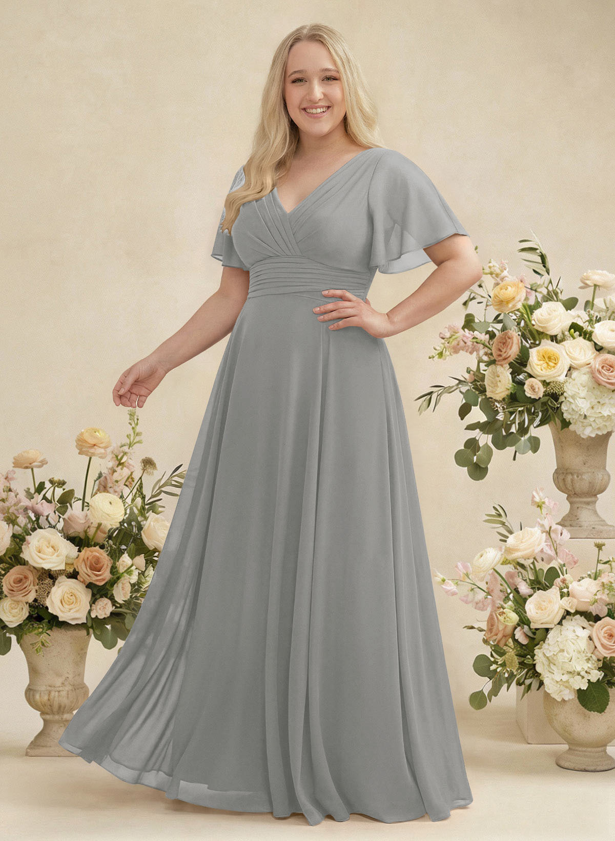 V-Neck Chiffon Bridesmaid Dresses With Short Sleeves, product image 385