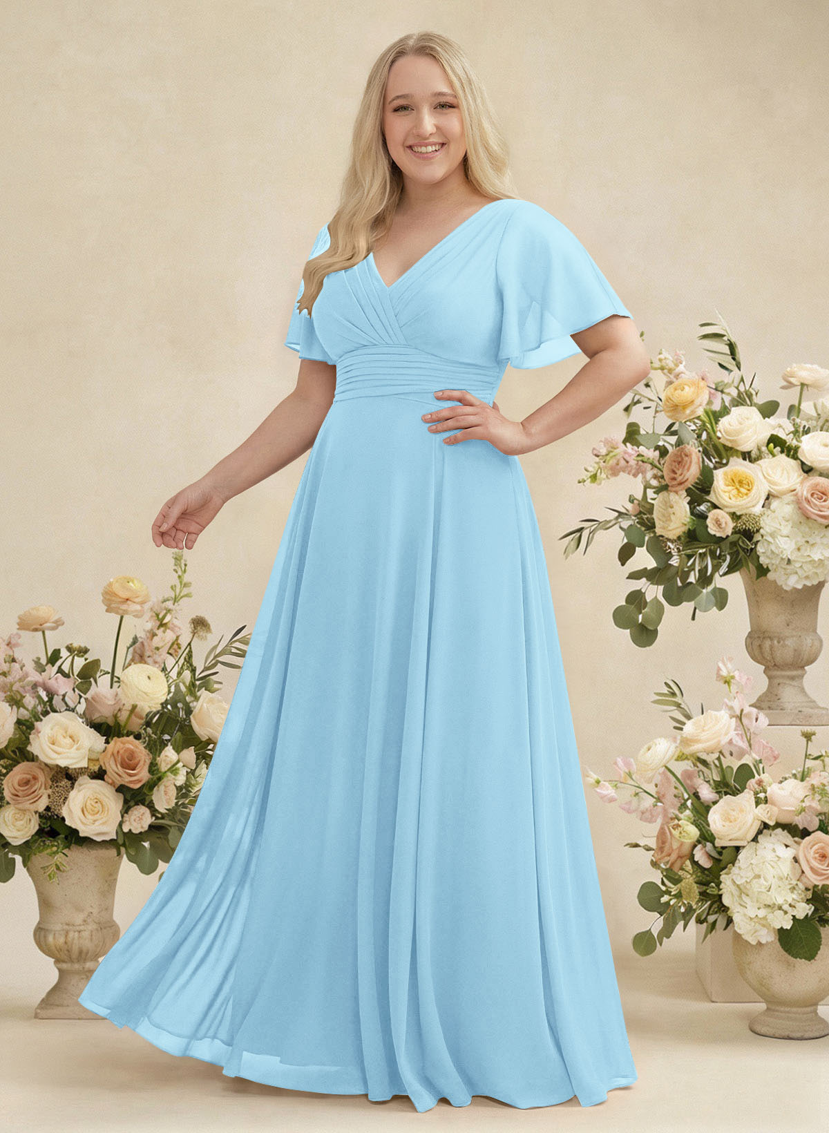 V-Neck Chiffon Bridesmaid Dresses With Short Sleeves, product image 293