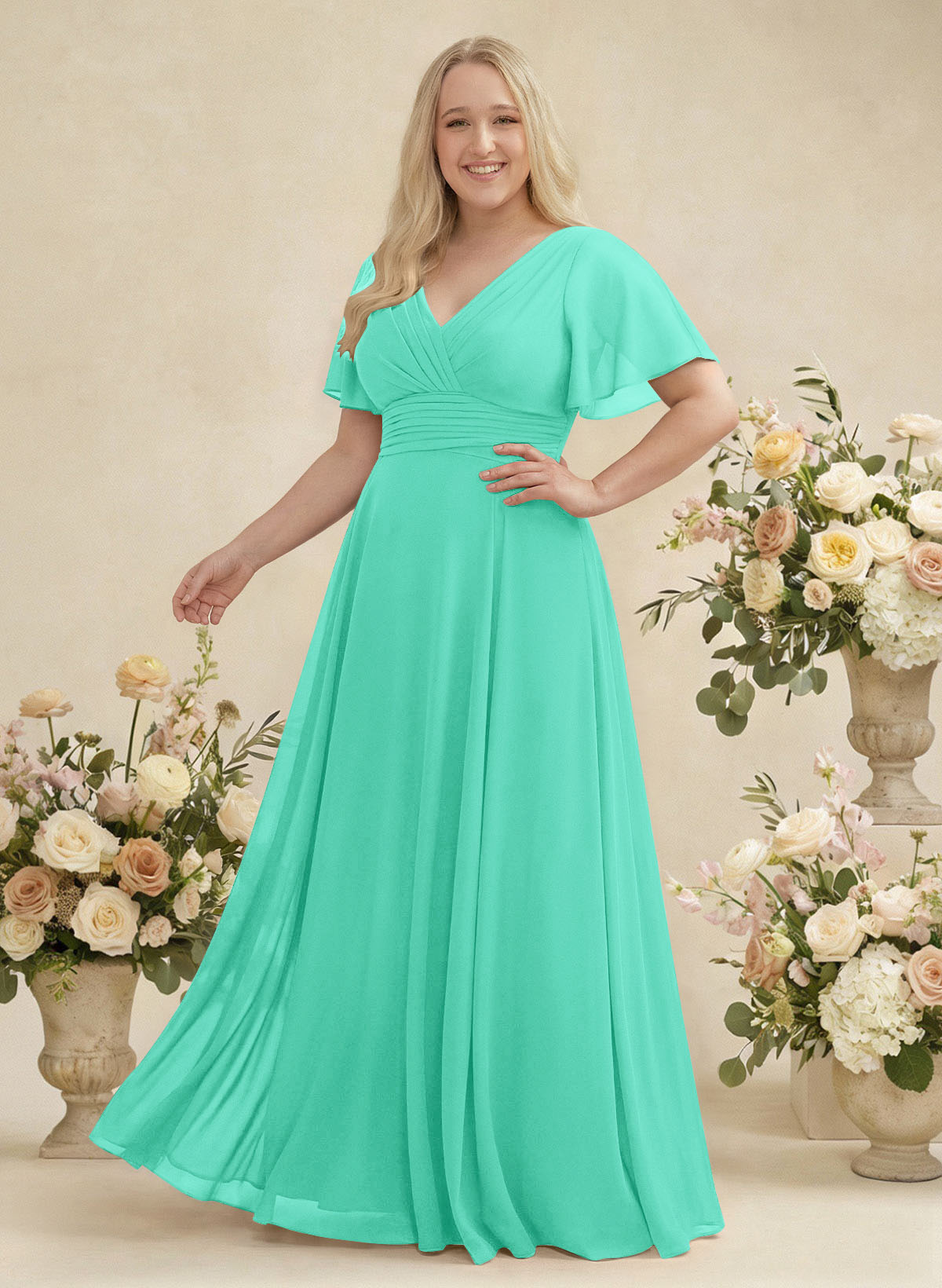 V-Neck Chiffon Bridesmaid Dresses With Short Sleeves, product image 365