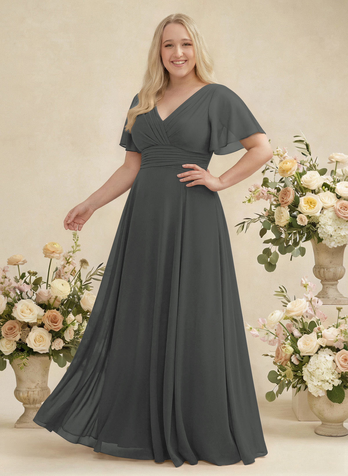 V-Neck Chiffon Bridesmaid Dresses With Short Sleeves, product image 387