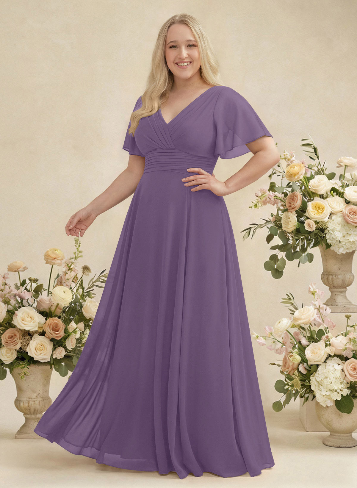 V-Neck Chiffon Bridesmaid Dresses With Short Sleeves, product image 337