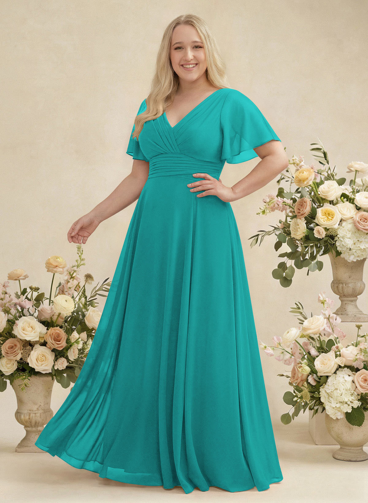 V-Neck Chiffon Bridesmaid Dresses With Short Sleeves, product image 407