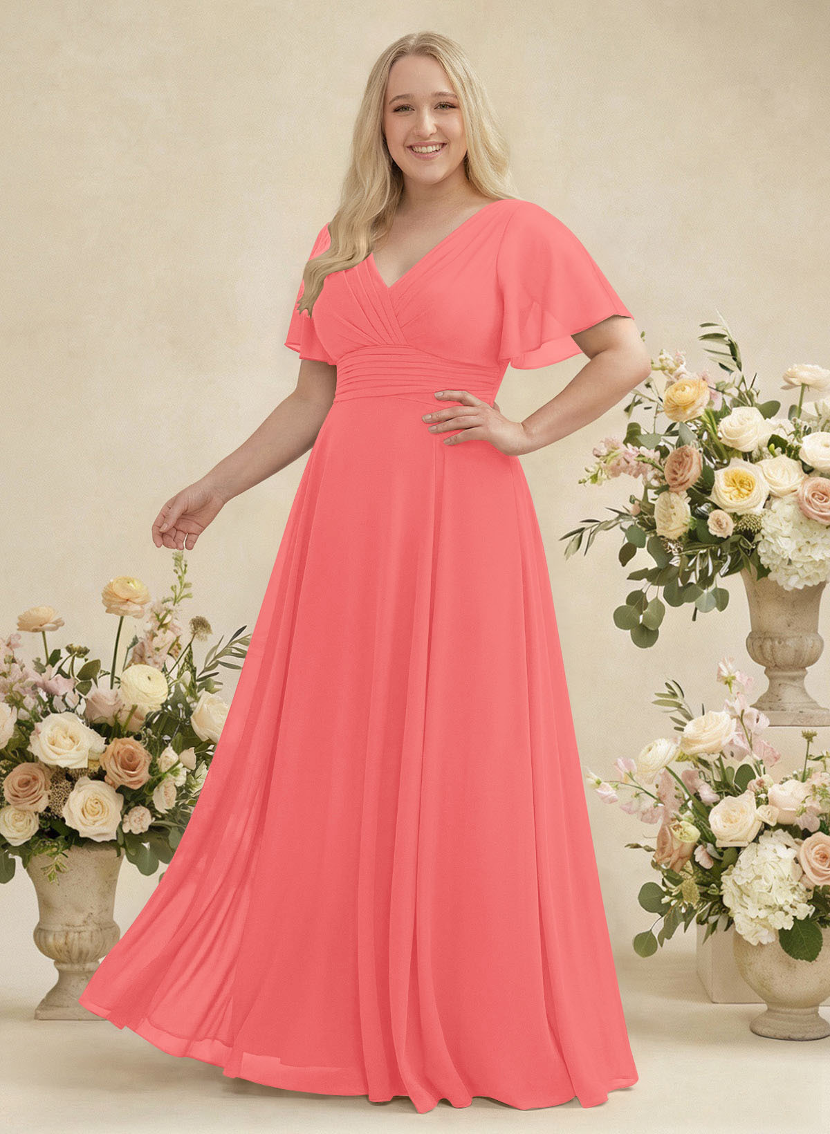 V-Neck Chiffon Bridesmaid Dresses With Short Sleeves, product image 309