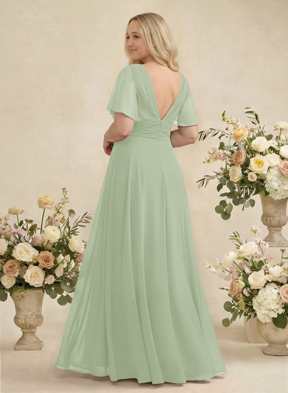 V-Neck Chiffon Bridesmaid Dresses With Short Sleeves, product image 360