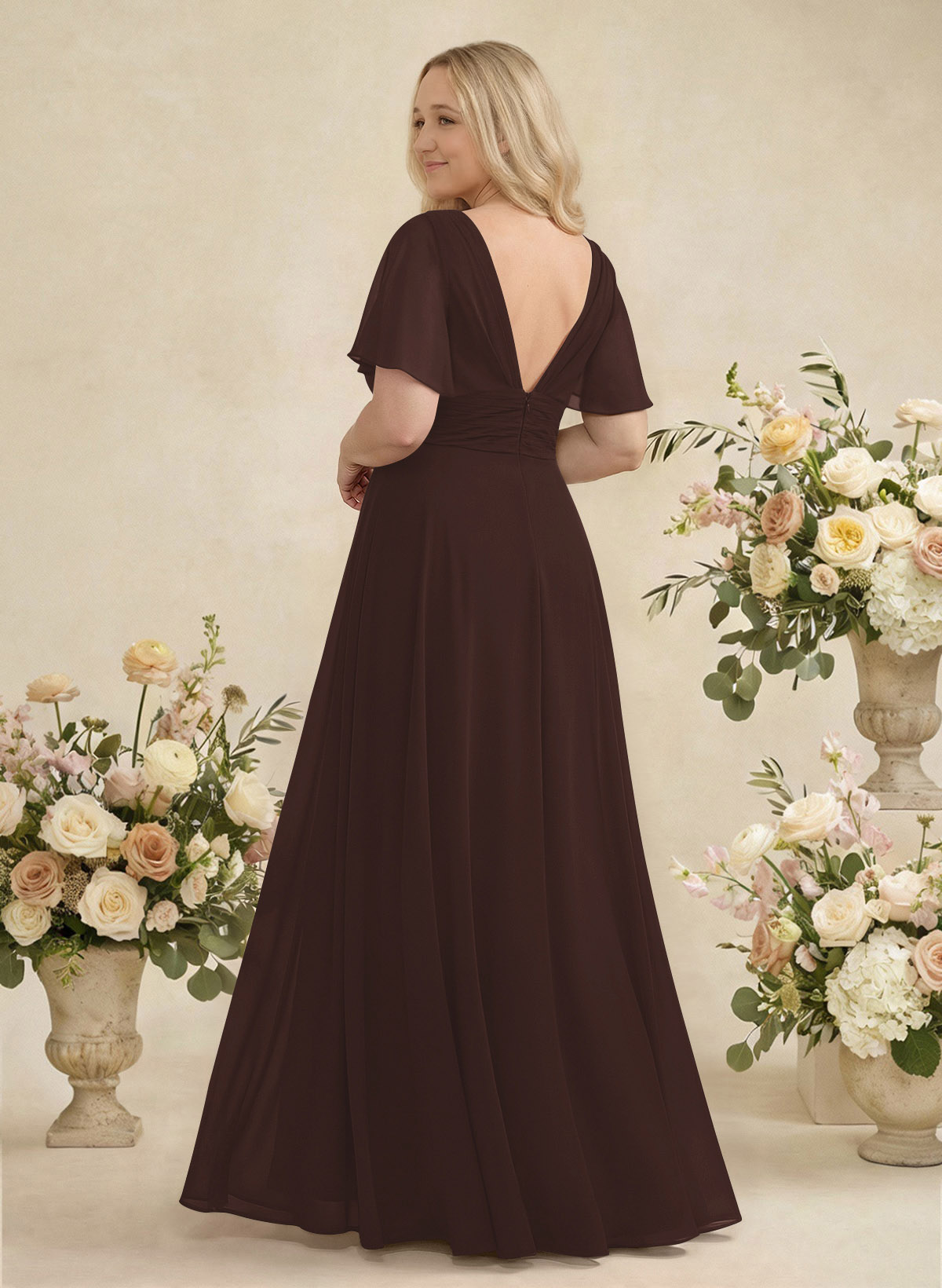 V-Neck Chiffon Bridesmaid Dresses With Short Sleeves, product image 380