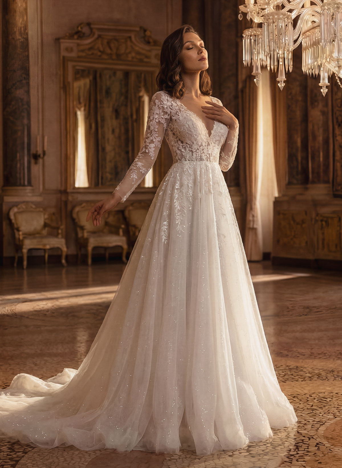 Long Sleeves Lace Sparkly V-Neck Wedding Dresses, image 1
