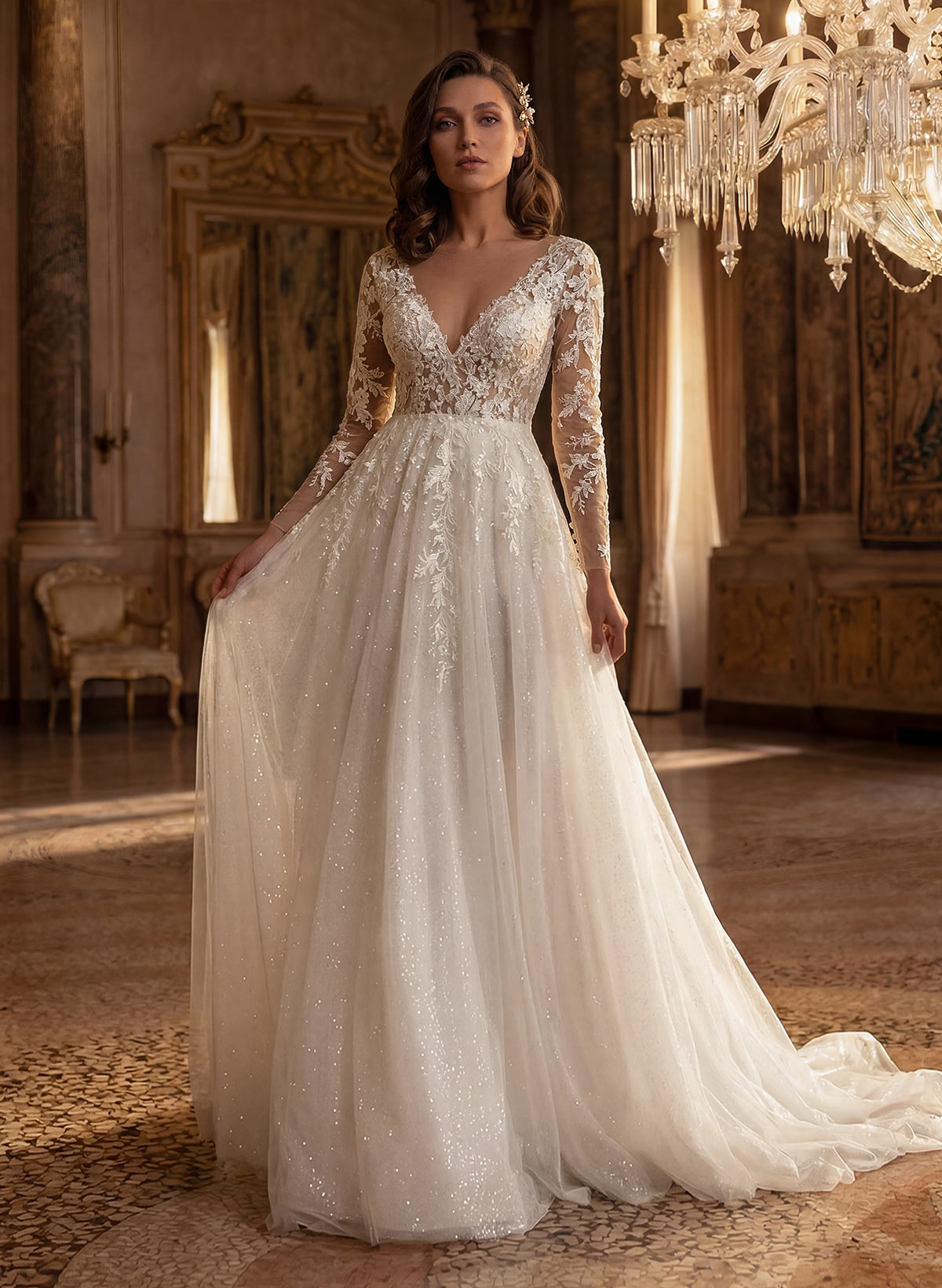 Long Sleeves Lace Sparkly V-Neck Wedding Dresses, image 2