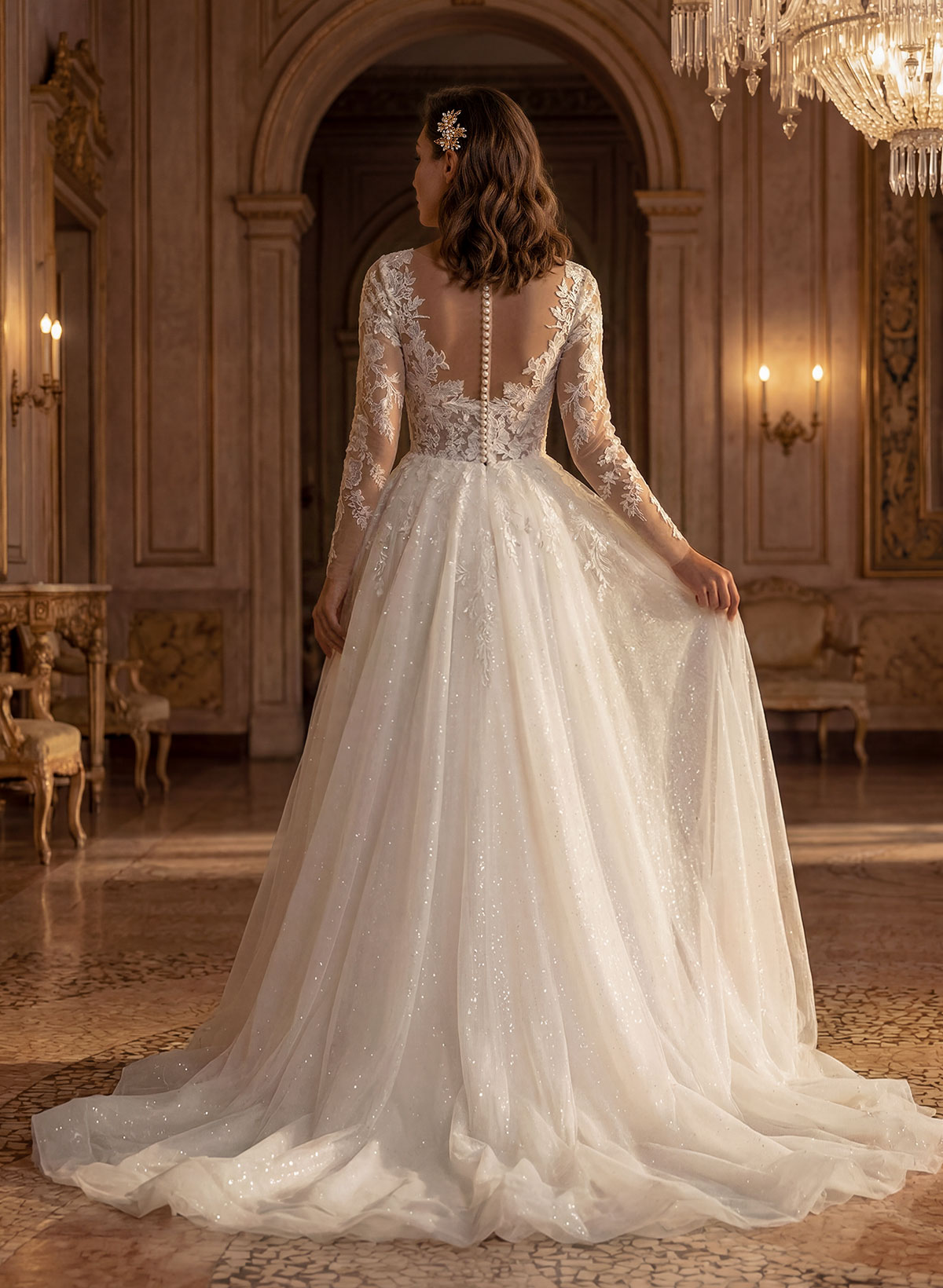 Long Sleeves Lace Sparkly V-Neck Wedding Dresses, image 3