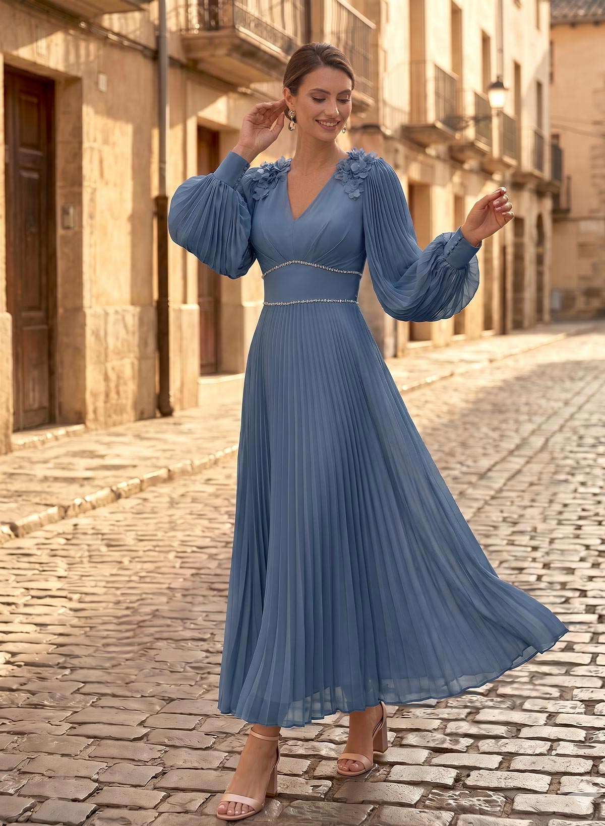 A-Line V-Neck Long Sleeves Ankle-Length Chiffon Mother Of The Bride Dresses
