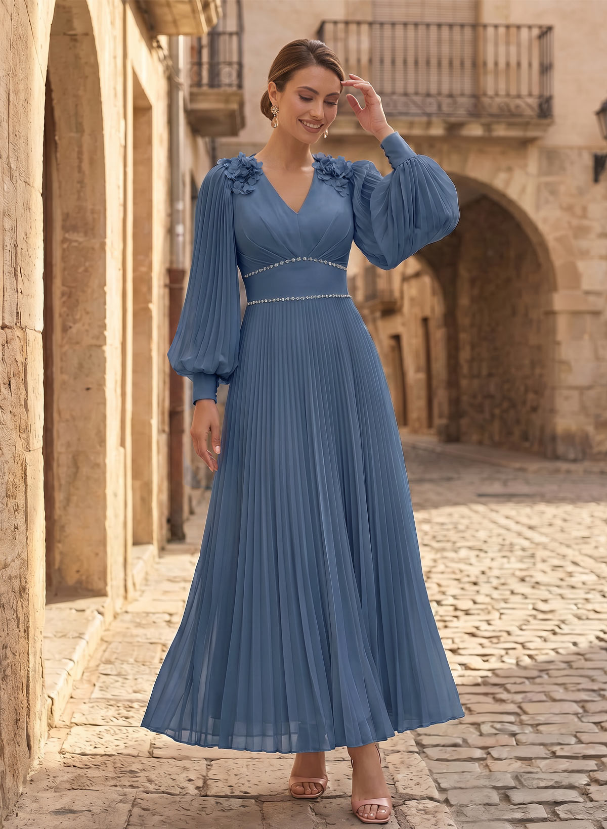 A-Line V-Neck Long Sleeves Ankle-Length Chiffon Mother Of The Bride Dresses