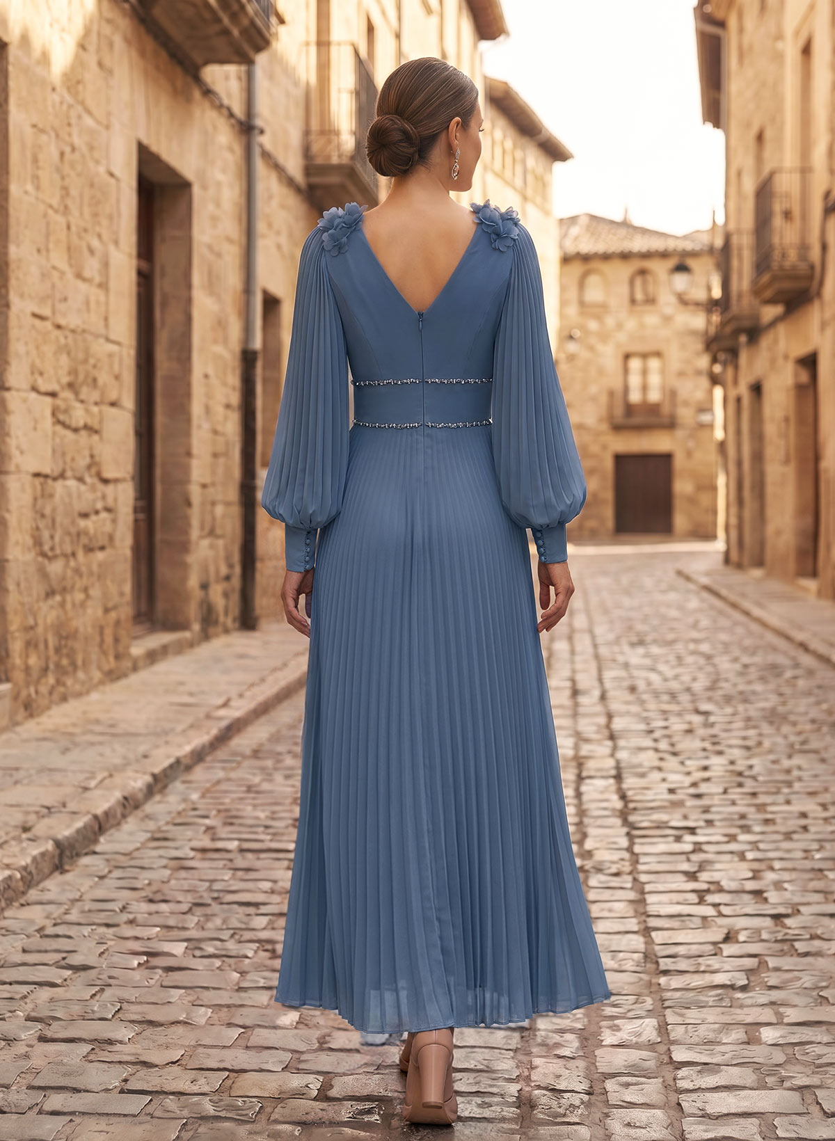 A-Line V-Neck Long Sleeves Ankle-Length Chiffon Mother Of The Bride Dresses