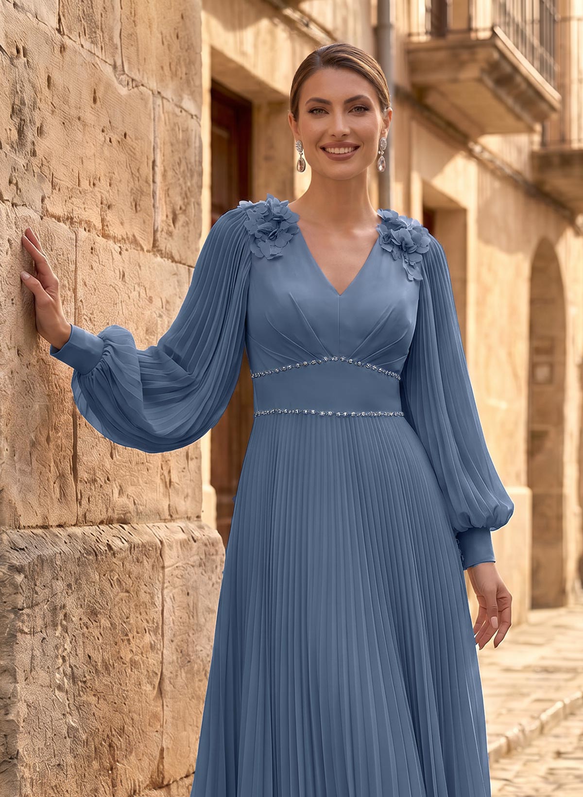 A-Line V-Neck Long Sleeves Ankle-Length Chiffon Mother Of The Bride Dresses