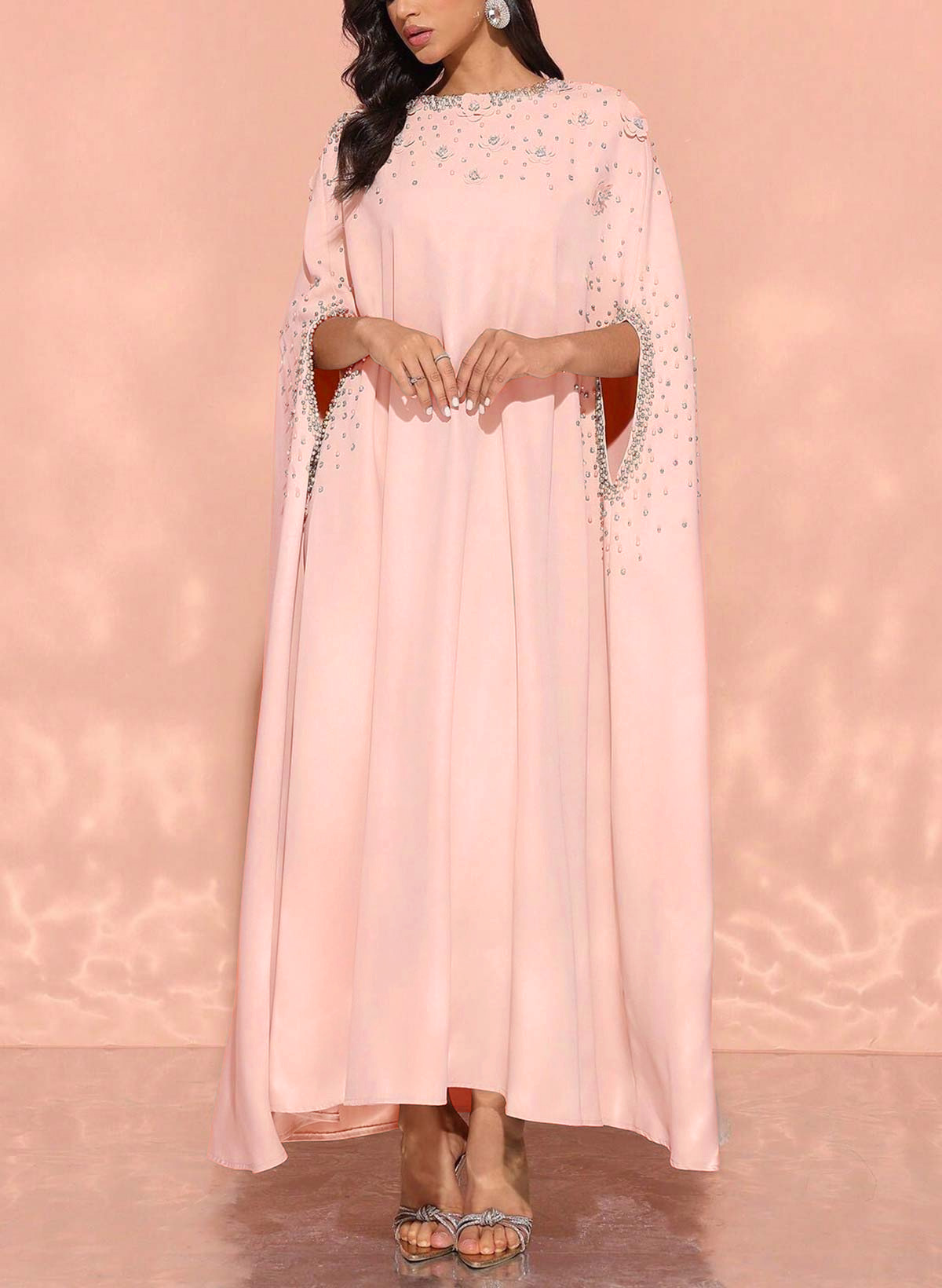 Scoop Neck Cape Sleeves Ankle-Length Elastic Satin Evening Dresses in Blushing Pink, US2