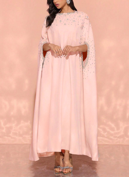 Scoop Neck Cape Sleeves Ankle-Length Elastic Satin Evening Dresses in Blushing Pink, US2