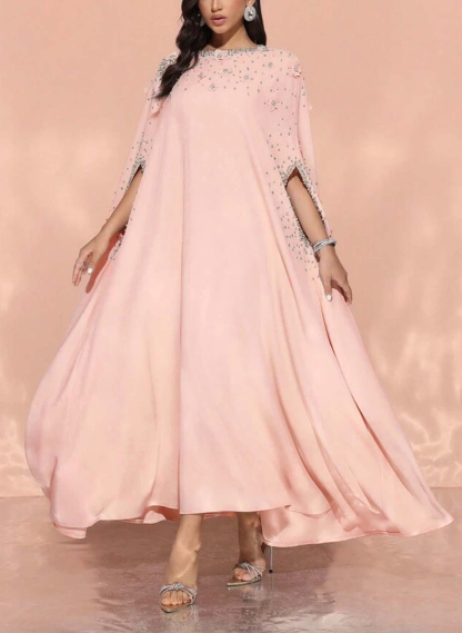 Scoop Neck Cape Sleeves Ankle-Length Elastic Satin Evening Dresses, supplier image 2