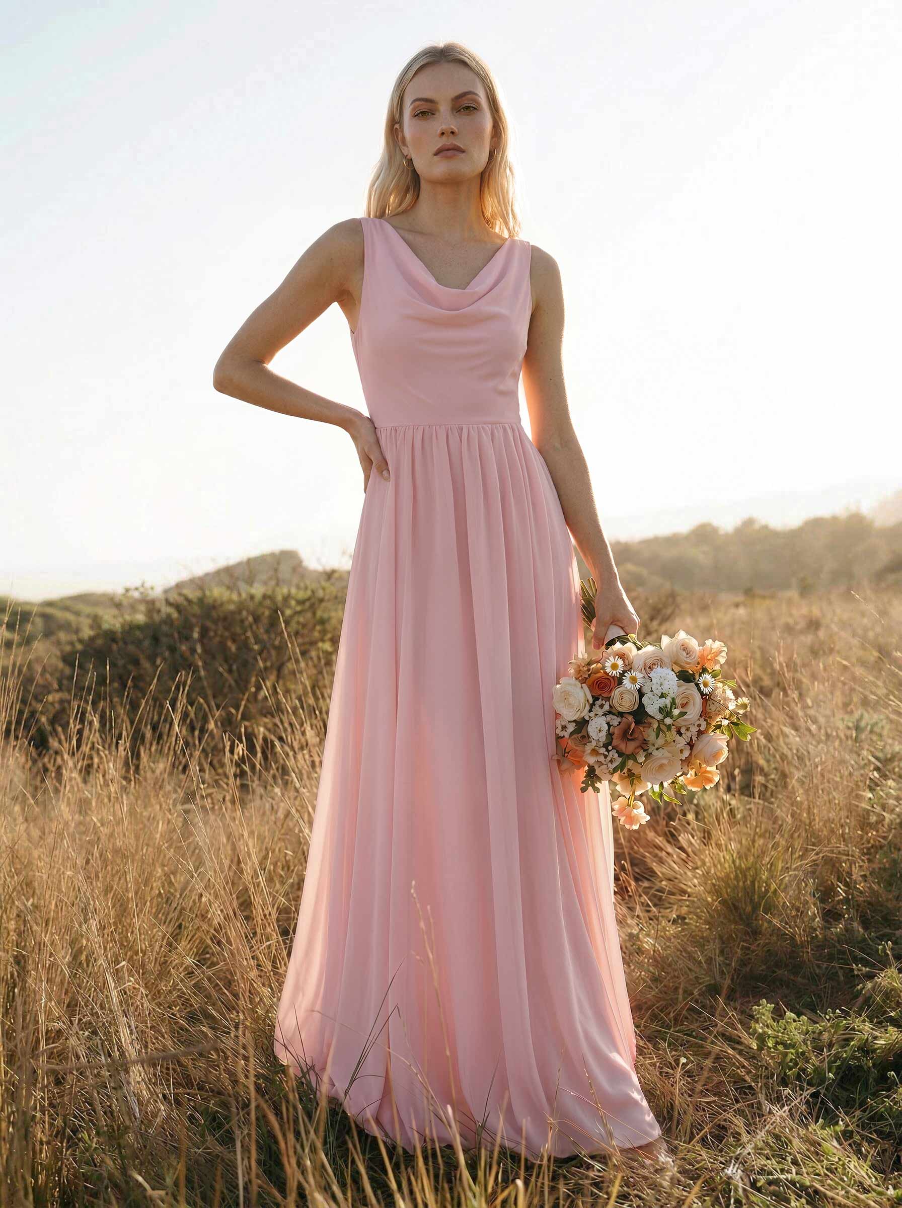 Elegant Cowl Neck Cowl Back Floor-Length A-Line Chiffon Bridesmaid Dresses
