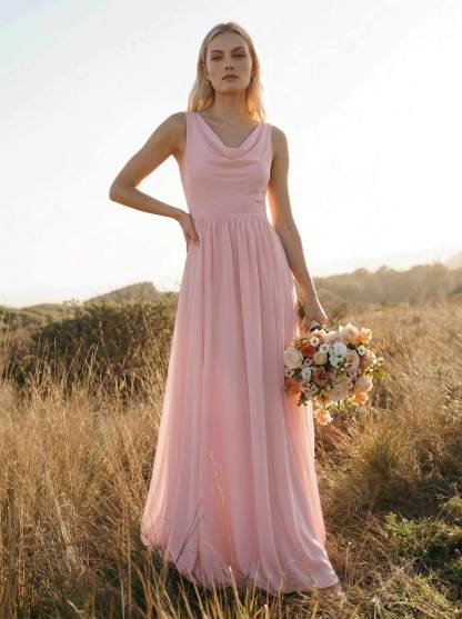 Elegant Cowl Neck Cowl Back Floor-Length A-Line Chiffon Bridesmaid Dresses