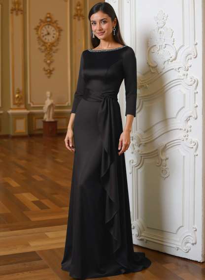 A-Line Scoop Neck 3/4 Sleeves Floor-Length Acetate Satin Mother Of The Bride Dresses