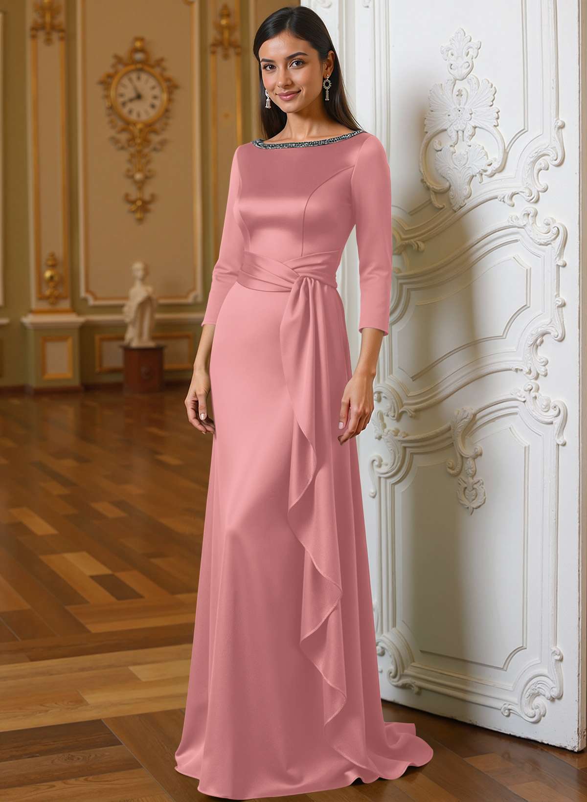 A-Line Scoop Neck 3/4 Sleeves Floor-Length Acetate Satin Mother Of The Bride Dresses