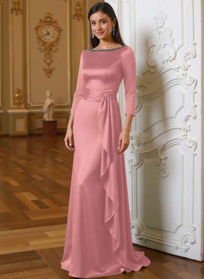 A-Line Scoop Neck 3/4 Sleeves Floor-Length Acetate Satin Mother Of The Bride Dresses